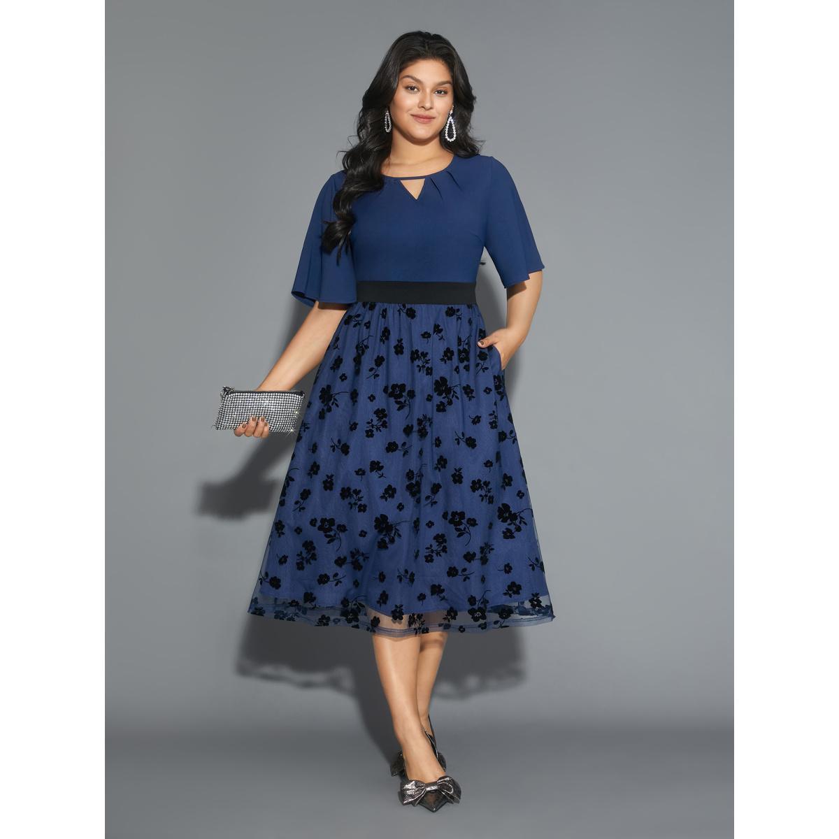 Plus Size Floral Embroidered Mesh keyhole Dress Aegean Women Cocktail Texture Round Neck Half Sleeve Curvy BloomChic 18-20/2X Product Image