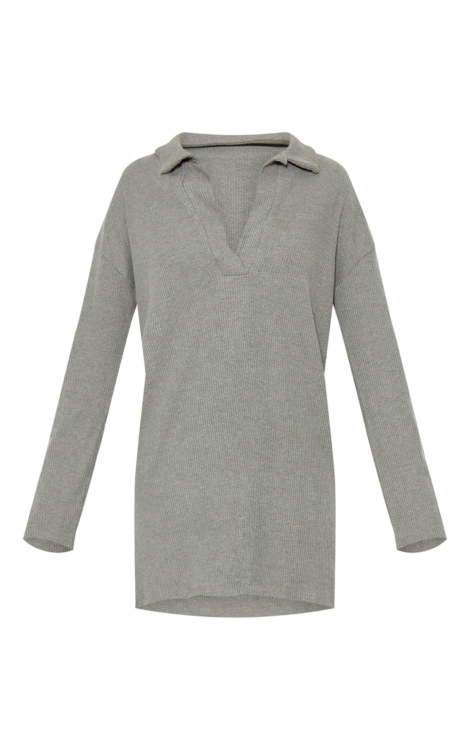 Sage Khaki Rib V Neck Oversized Sweater Dress Product Image
