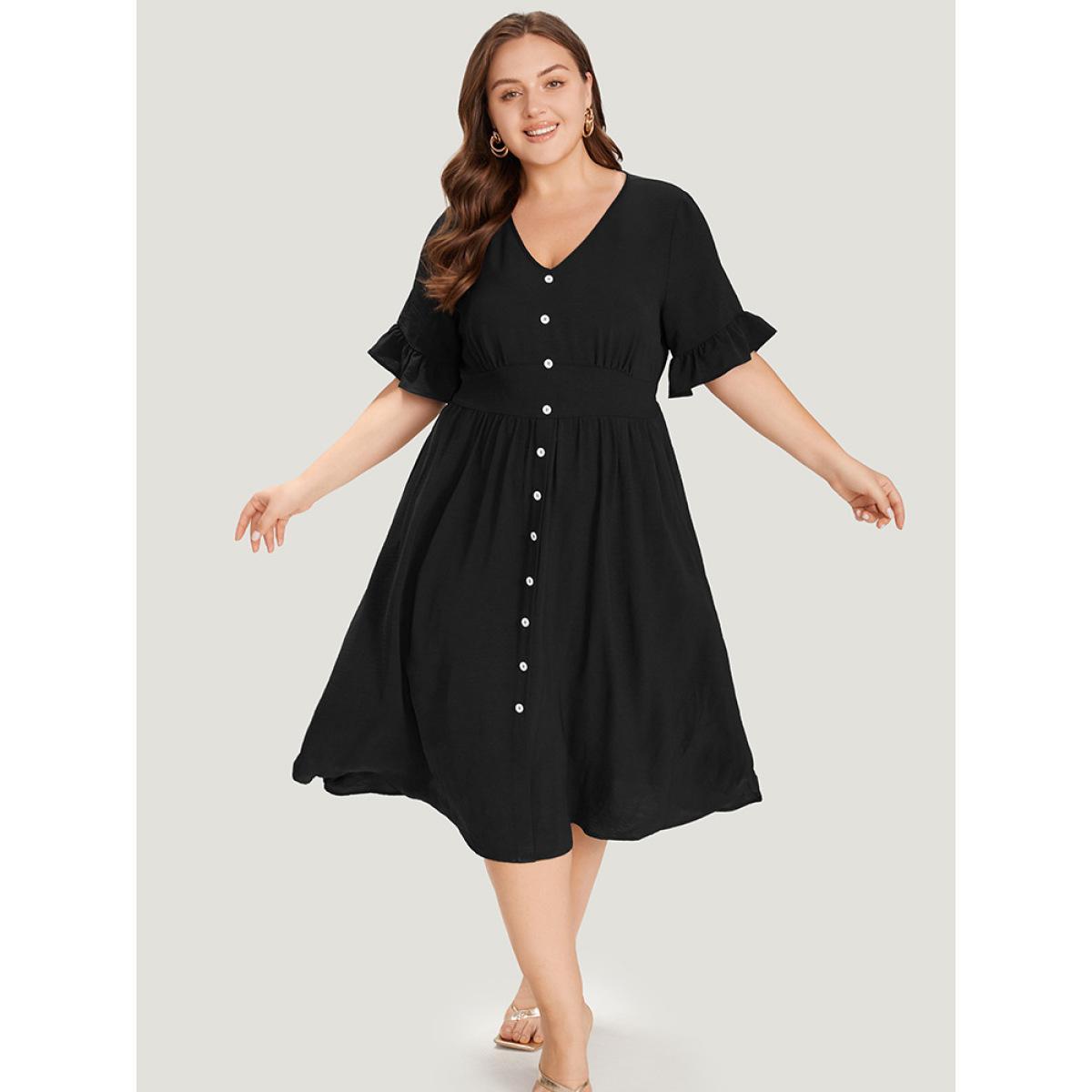 Plus Size Solid Bell Sleeve Button Detail Pocket Gathered Dress Black Women Elegant V-neck Half Sleeve Curvy Midi Dress BloomChic 12/L Product Image