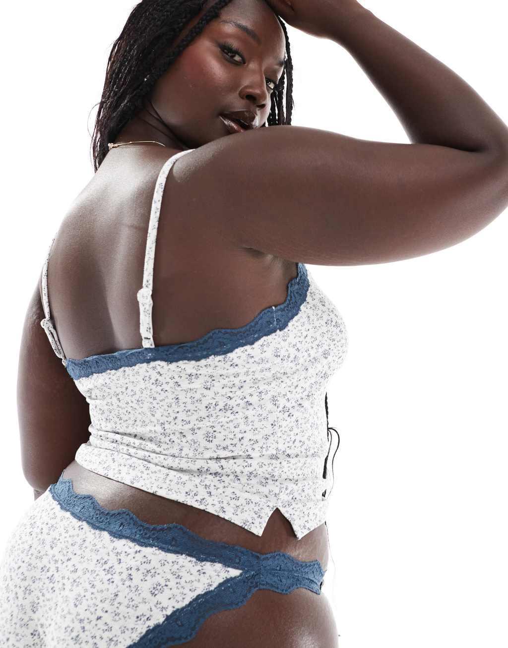 ASOS DESIGN Curve Cassie rib cami and briefs set in gray & navy ditsy print Product Image