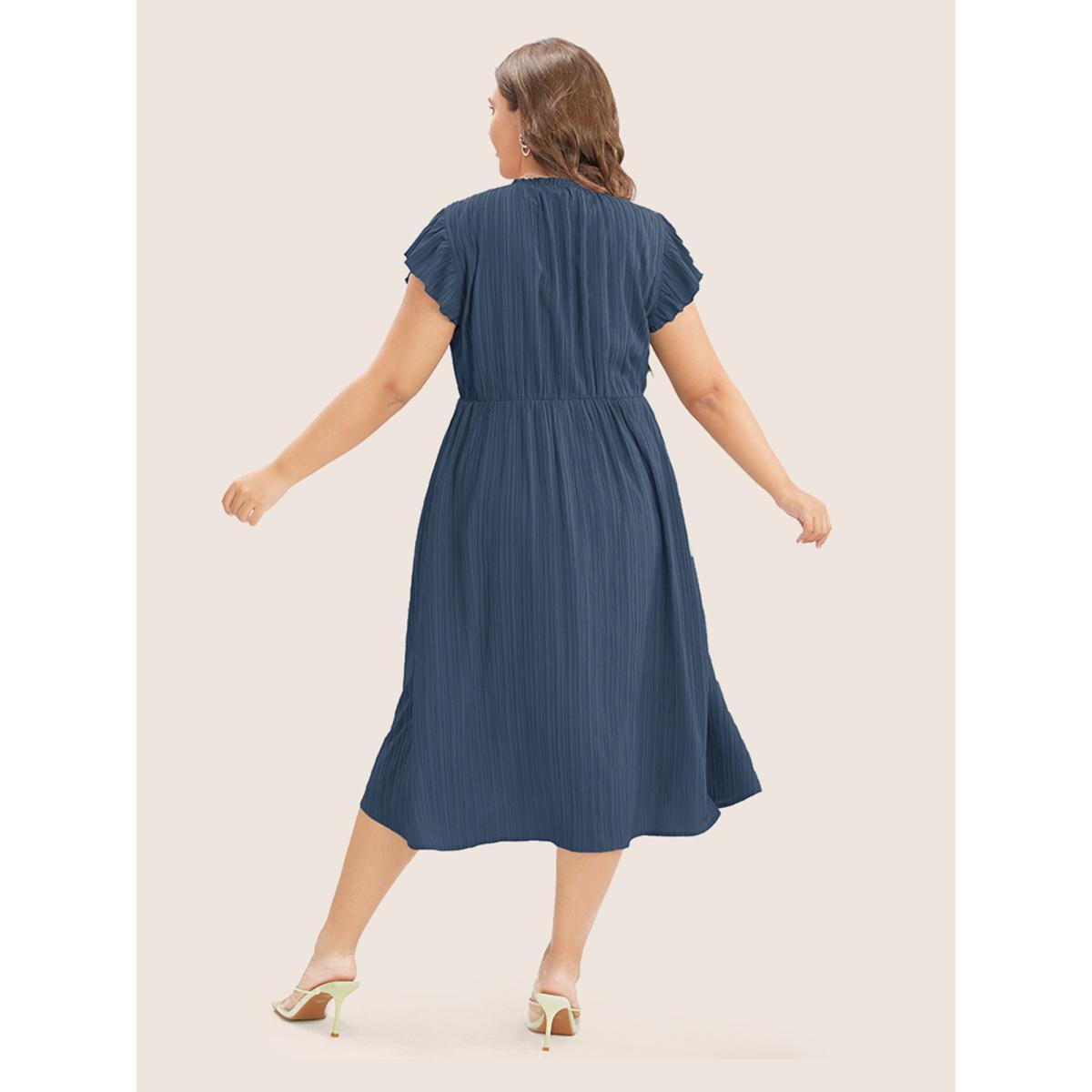 Plus Size Plain Cap Sleeve Ruffles Trim Mock Neck Pocket Dress Navy Women Elegant Pocket Round Neck Short sleeve Curvy Midi Dress BloomChic 18-20/2X Product Image