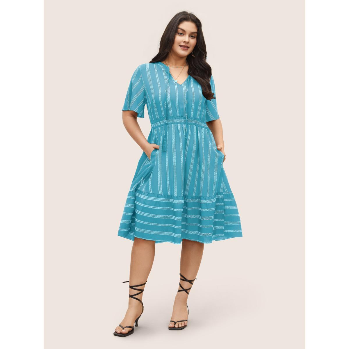 Plus Size Striped Patchwork Tassels Ties Shirred Dress LightBlue Women Resort Non V-neck Short sleeve Curvy Midi Dress BloomChic 14-16/1X Product Image
