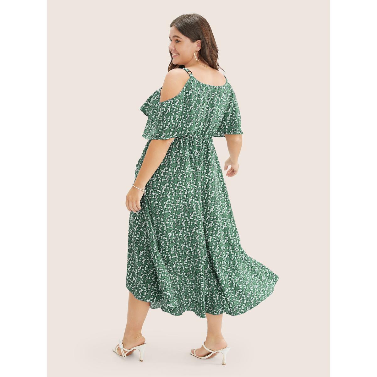 Plus Size Ditsy Floral Pocket Wrap Cold Shoulder Ruffle Dress Green Women Elegant Non Overlap Collar Short sleeve Curvy Midi Dress BloomChic 30/6X Product Image