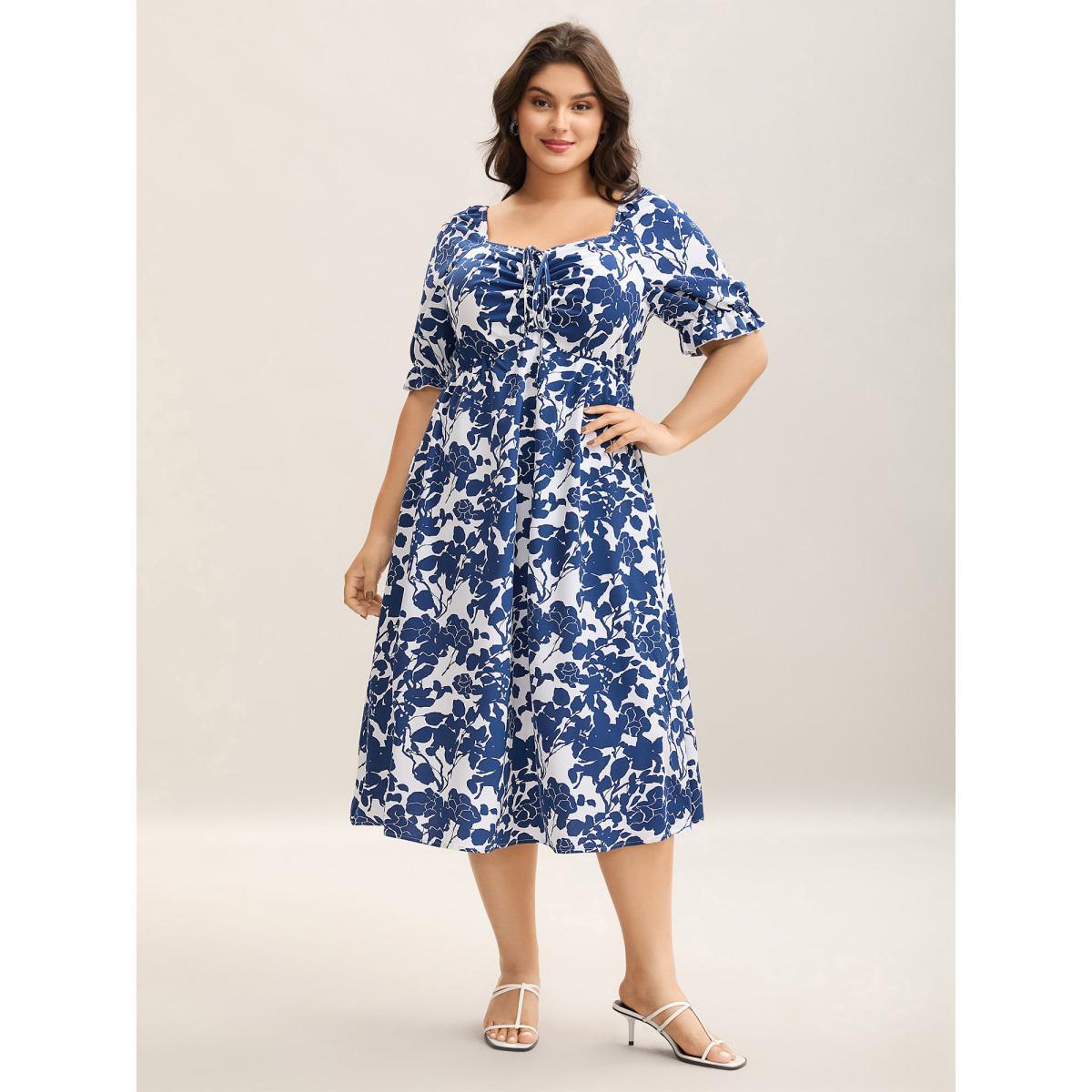 Plus Size Silhouette Floral Print Tie Front Midi Dress DarkBlue Women Elegant Drawstring Heart neckline Half Sleeve Curvy BloomChic 30/6X Product Image