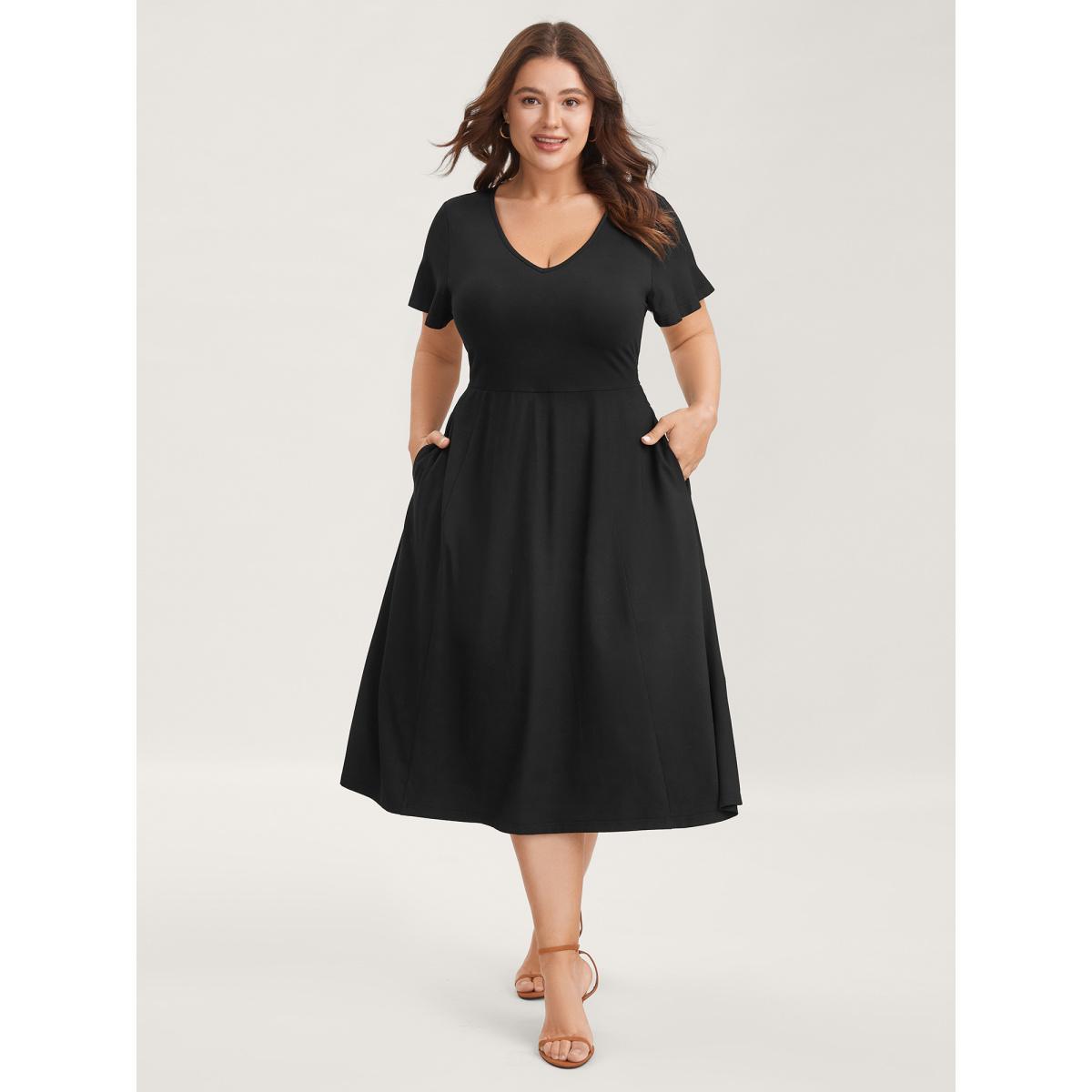 Plus Size Super Stretchy Back-Tie Pockets Midi Dress Black Women Knit Dresses Bloomchic 10/M Product Image