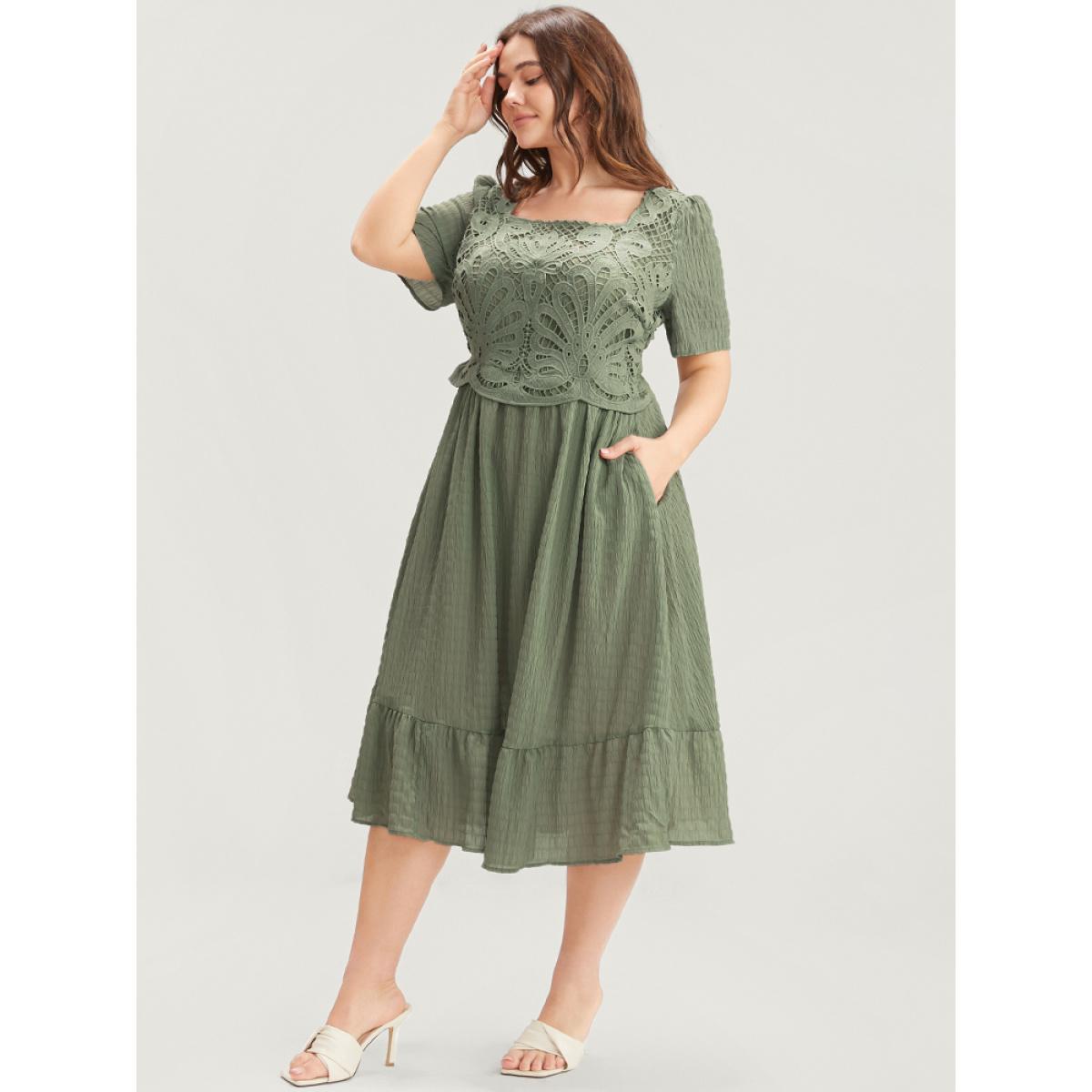 Plus Size Solid Square Neck Pocket Lace Ruffles Hem Dress Mint Women Elegant Elastic Waist Square Neck Short sleeve Curvy Midi Dress BloomChic 18-20/2X Product Image