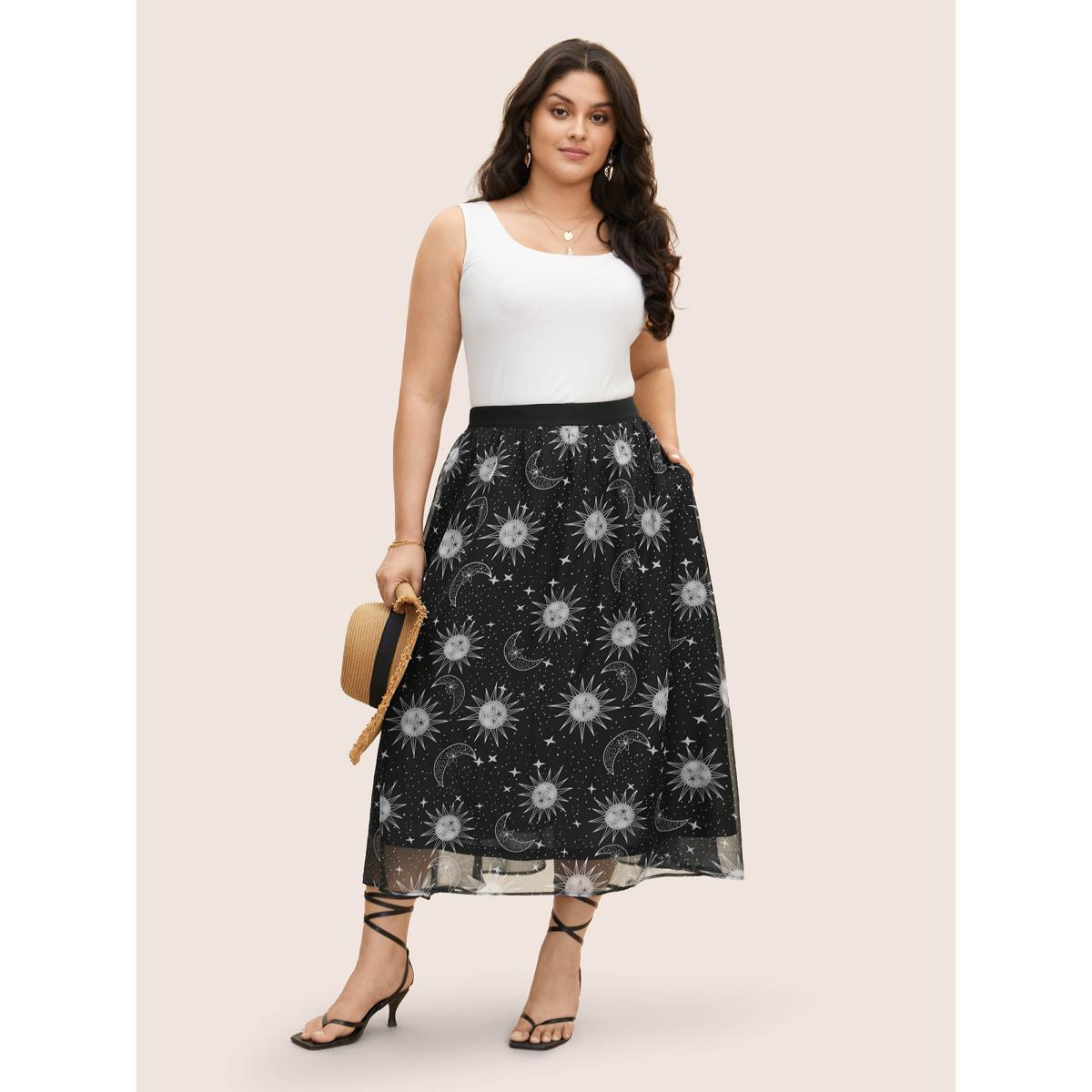 Plus Size Moon & Star Print Mesh Pocket Skirt Women Black Resort See through Loose No stretch Side seam pocket Vacation Skirts BloomChic 26/4X Product Image
