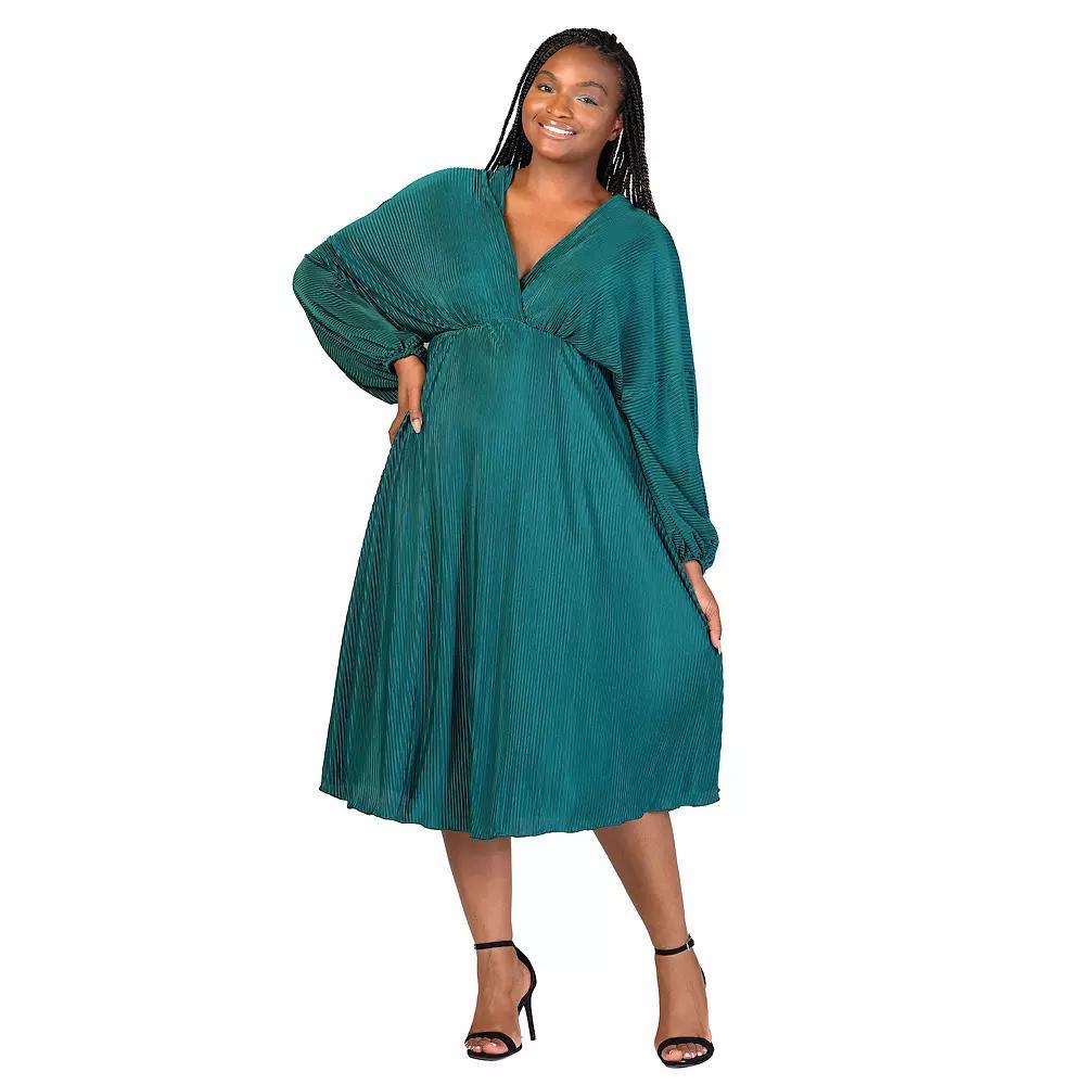 Plus Size 24Seven Comfort Apparel Shimmer Pleated V Neck Empire Waist Bishop Sleeve Midi Dress, Women's, Size: 3XL, Black Product Image