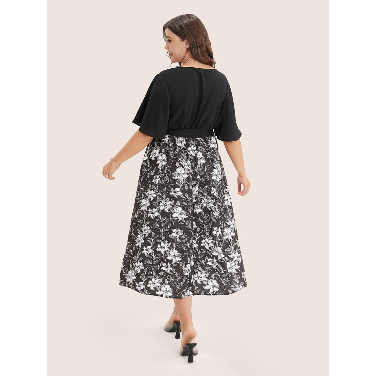 Plus Size Floral Patchwork Pocket Belt Surplice Neck Ruffle Hem Dress Black Women Elegant Patchwork V-neck Short sleeve Curvy Midi Dress BloomChic 22-24/3X Product Image