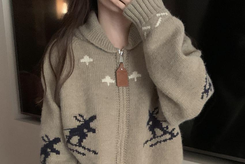 Shawl Collar Jacquard Zip-Up Cardigan Product Image