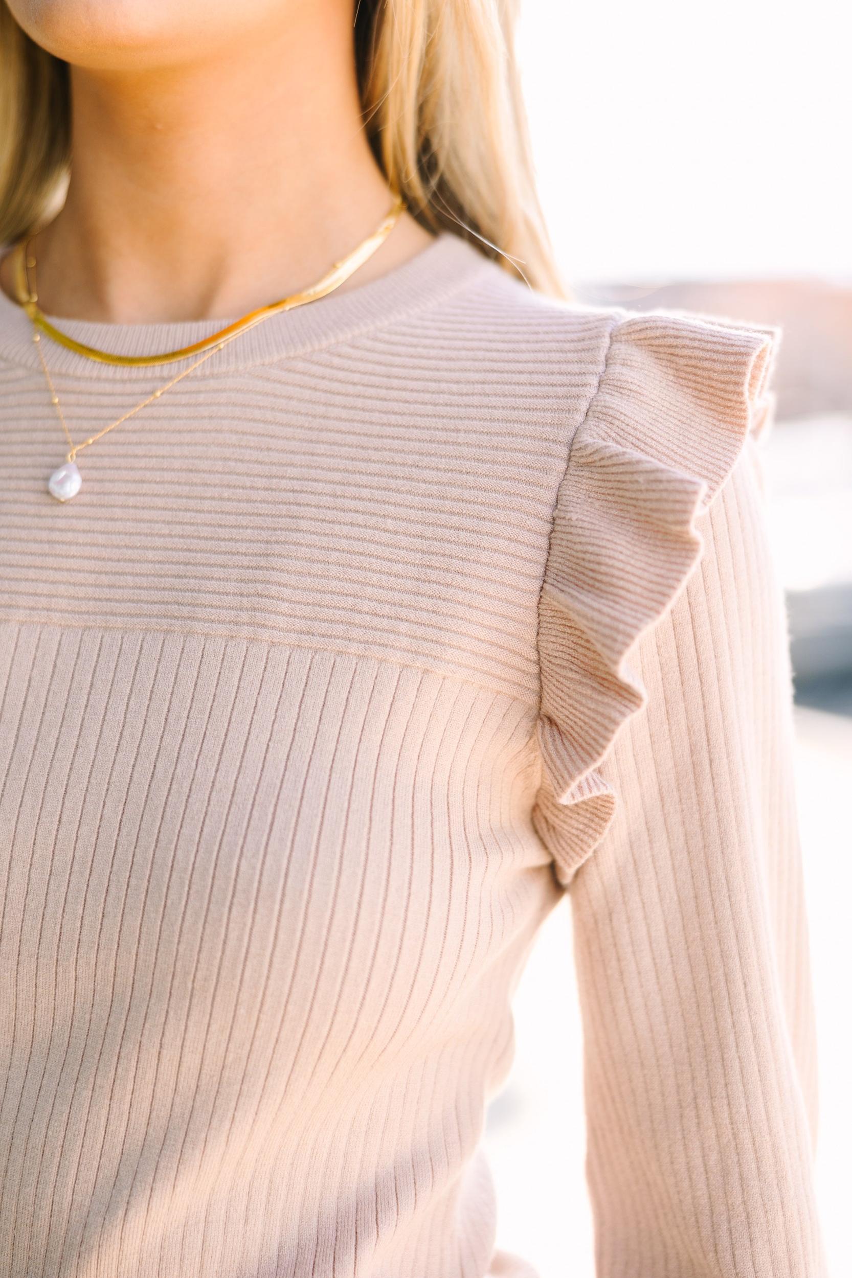 Reach Out Warm Taupe Brown Ruffled Sweater Female Product Image