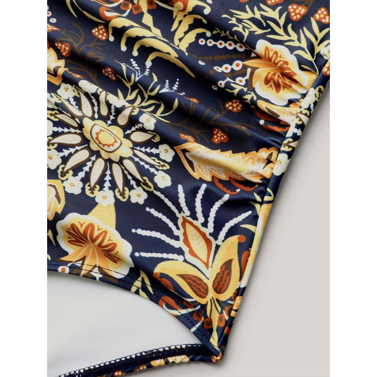 Plus Size Boho Print Adjustable Tie One-Piece Swimsuit Women's Swimwear Indigo Beach Gathered Curve Bathing Suits High stretch One Pieces BloomChic 12/L Product Image
