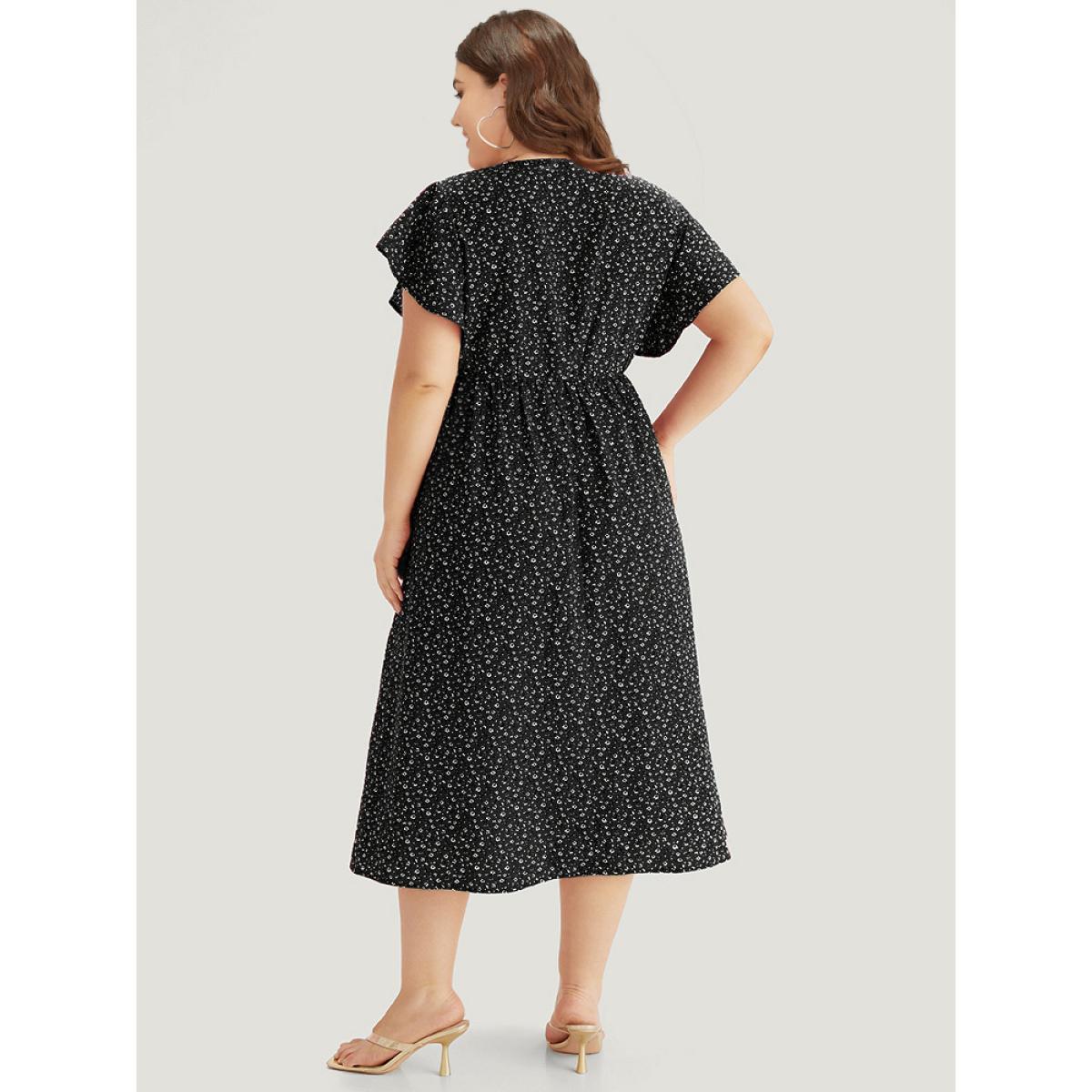 Plus Size Ditsy Floral Overlap Collar Bowknot Flutter Hem Dress Black Women Office Wrap V-neck Short sleeve Curvy Midi Dress BloomChic 10/M Product Image