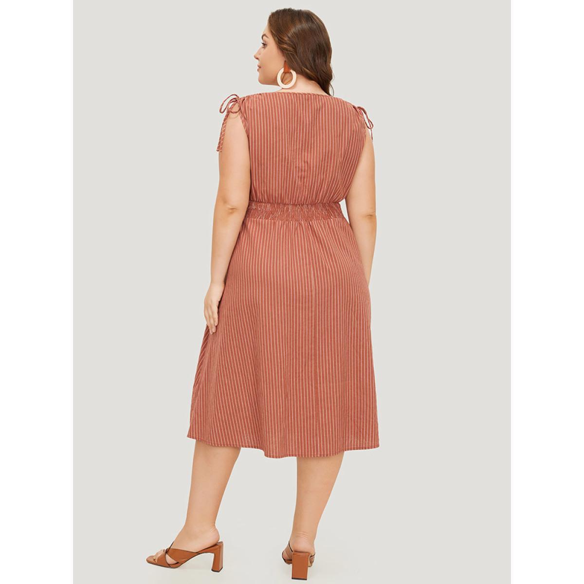Plus Size Striped Print Pocket Shirred Drawstring Shoulder Dress Rust Women Vacation Contrast V-neck Sleeveless Curvy Midi Dress BloomChic 22-24/3X Product Image