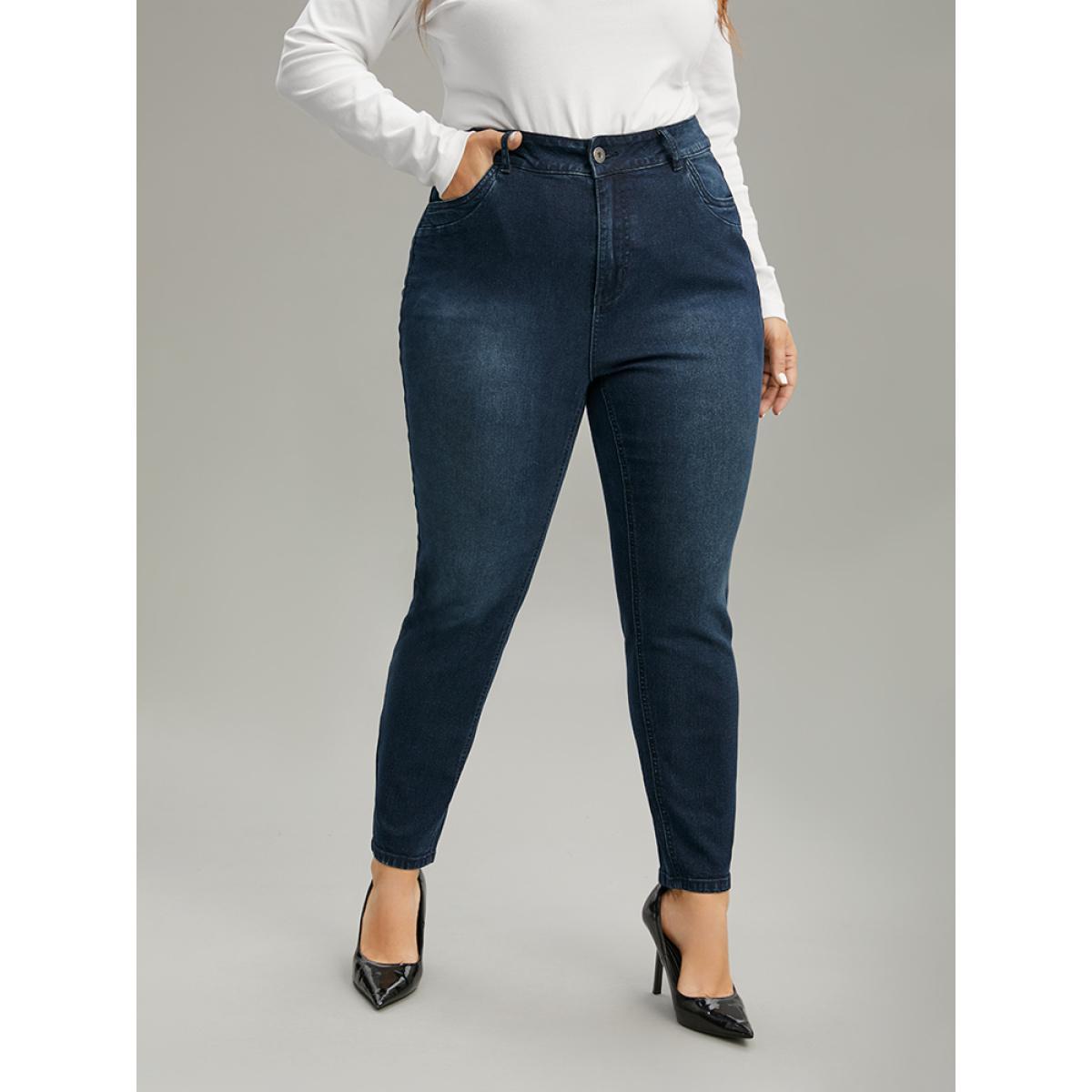 Plus Size Pleated Detail Pocket Skinny Dark Wash Jeans Women Indigo Casual Plain Plain High stretch Pocket Jeans BloomChic 10/M Product Image