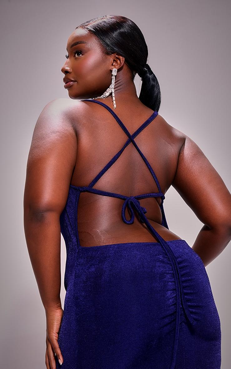 Plus Navy Acetate Low Back Ruched Bum Maxi Dress Product Image