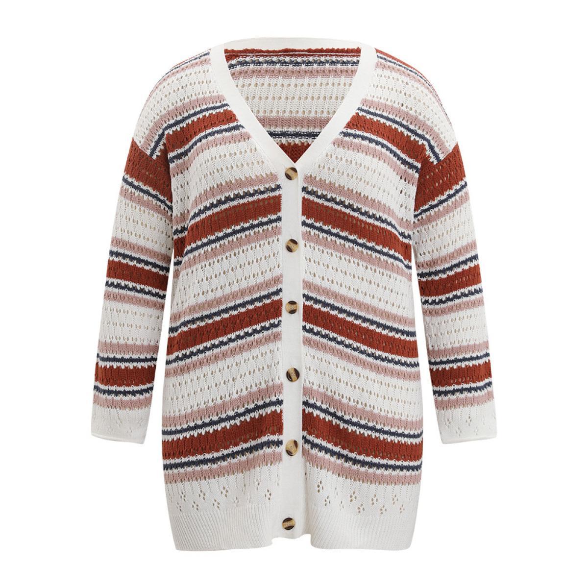 Plus Size Striped Contrast Pointelle Knit Button Through Cardigan Multicolor Women Casual Loose Long Sleeve Dailywear Cardigans BloomChic 10/M Product Image
