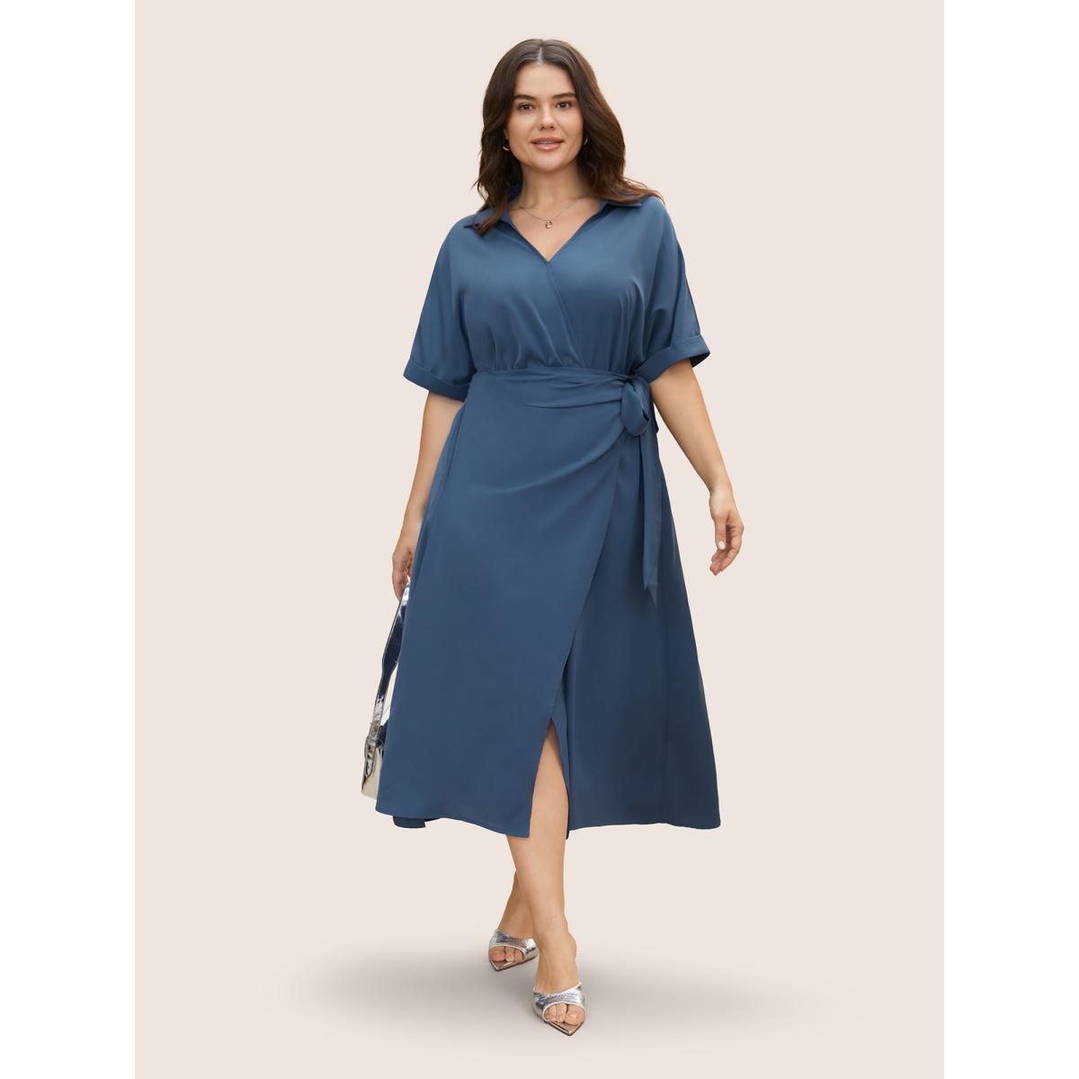 Plus Size Shirt Collar Tie Knot Gathered Wrap Hem Dress Mediumblue Women Workwear Essentials Tie knot Shirt collar Half Sleeve Curvy BloomChic 10/M Product Image