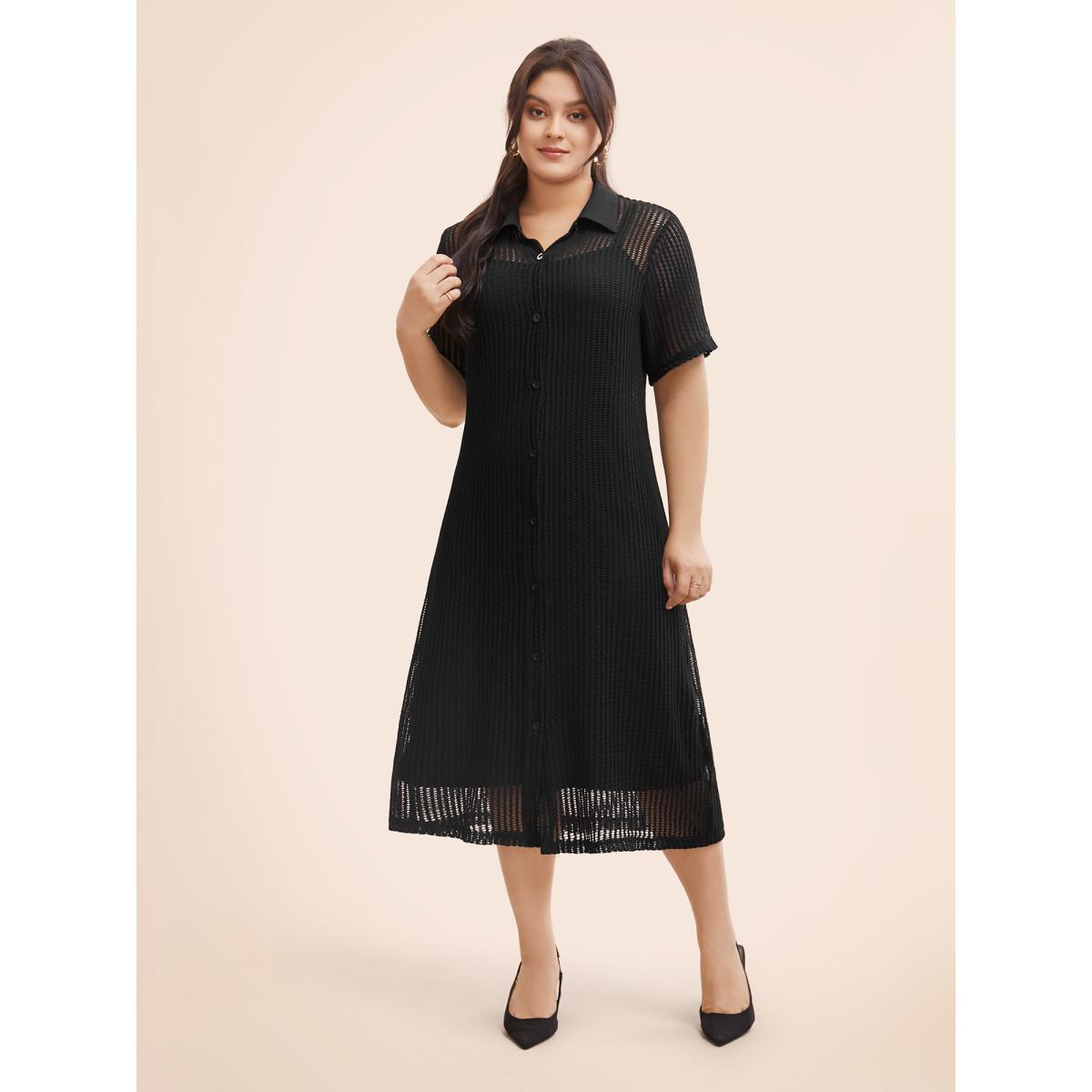Plus Size Shirt Collar Button Up Midi Dress Black Women Casual Texture Shirt collar Short sleeve Curvy BloomChic 10/M Product Image
