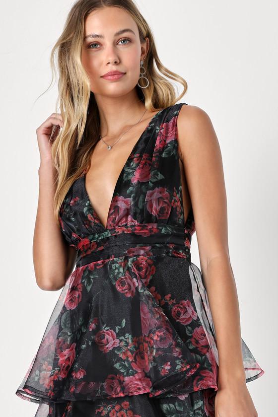 Garden Radiance Black Floral Print Organza Tiered Maxi Dress Product Image