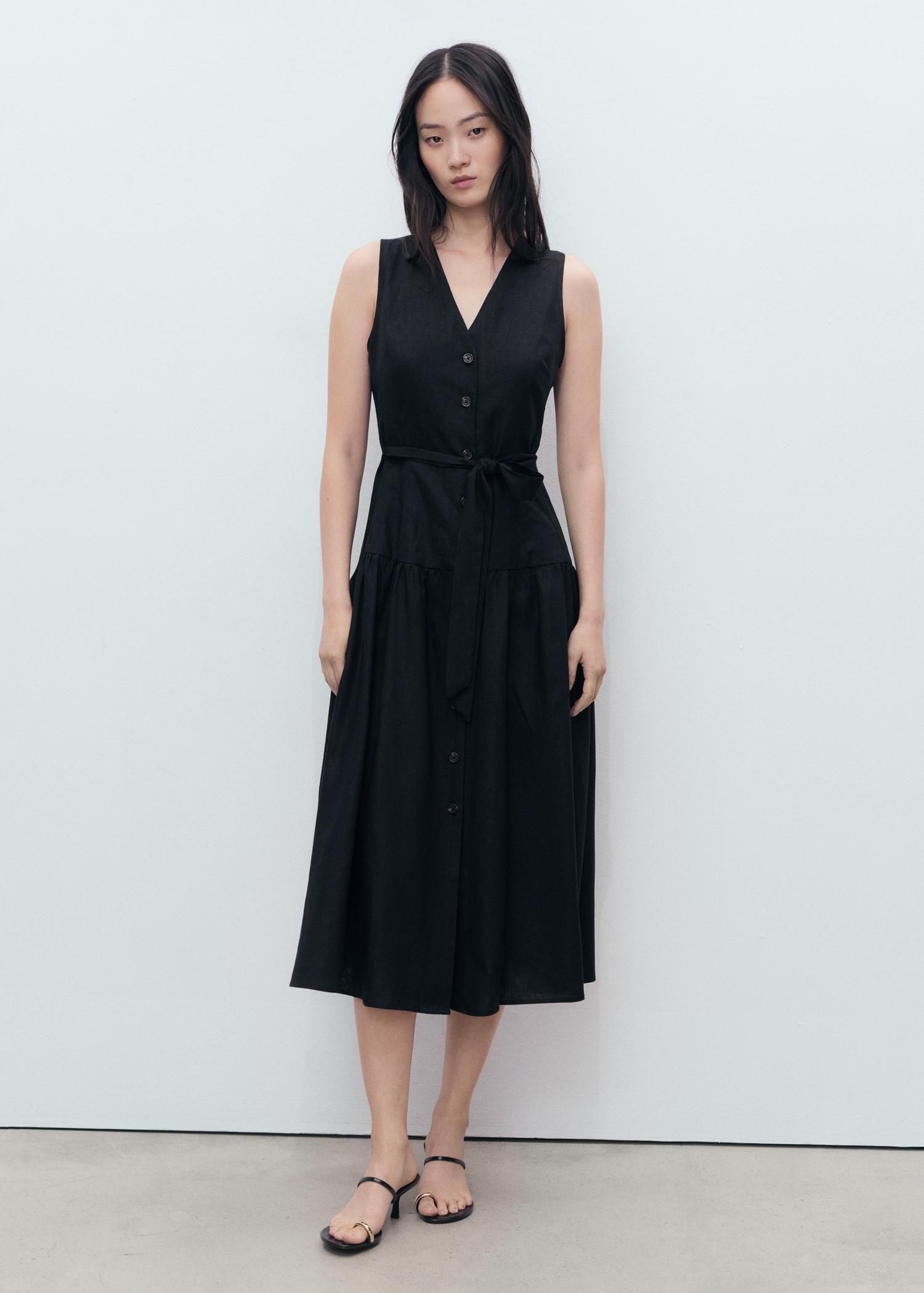 Linen midi-dress with belt - Women | MANGO USA Product Image