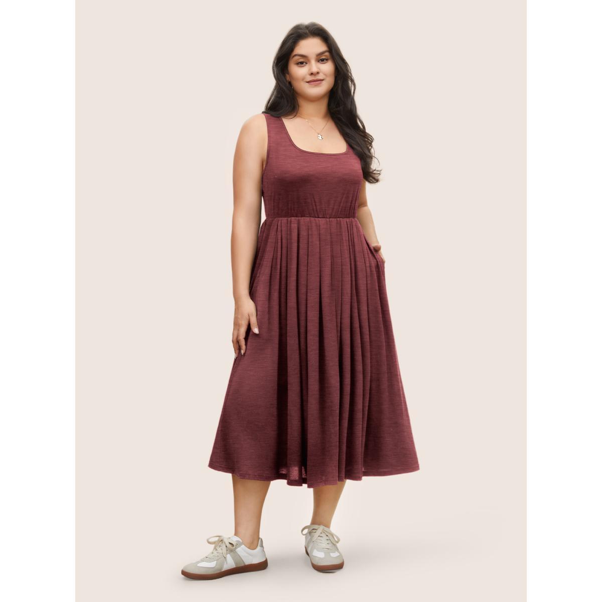 Plus Size Supersoft Essentials Solid Gathered Tank Dress Russet Women Basics Non U-neck Sleeveless Curvy Midi Dress BloomChic 12/L Product Image