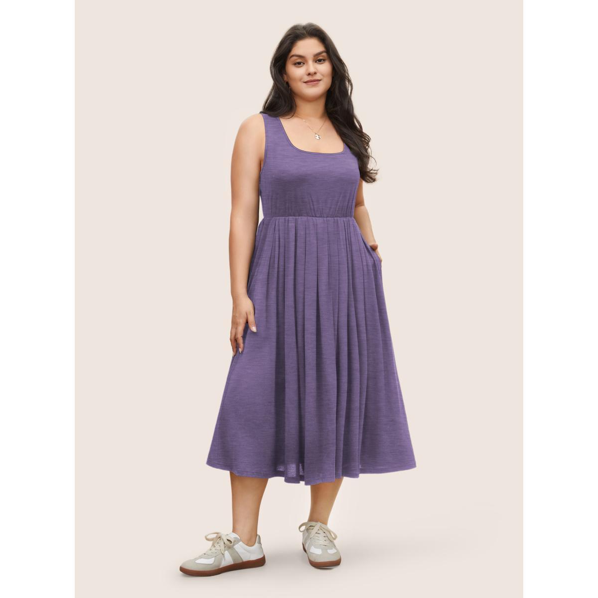 Plus Size Supersoft Essentials Solid Gathered Tank Dress Black Women Basics Non U-neck Sleeveless Curvy Midi Dress BloomChic 22-24/3X Product Image