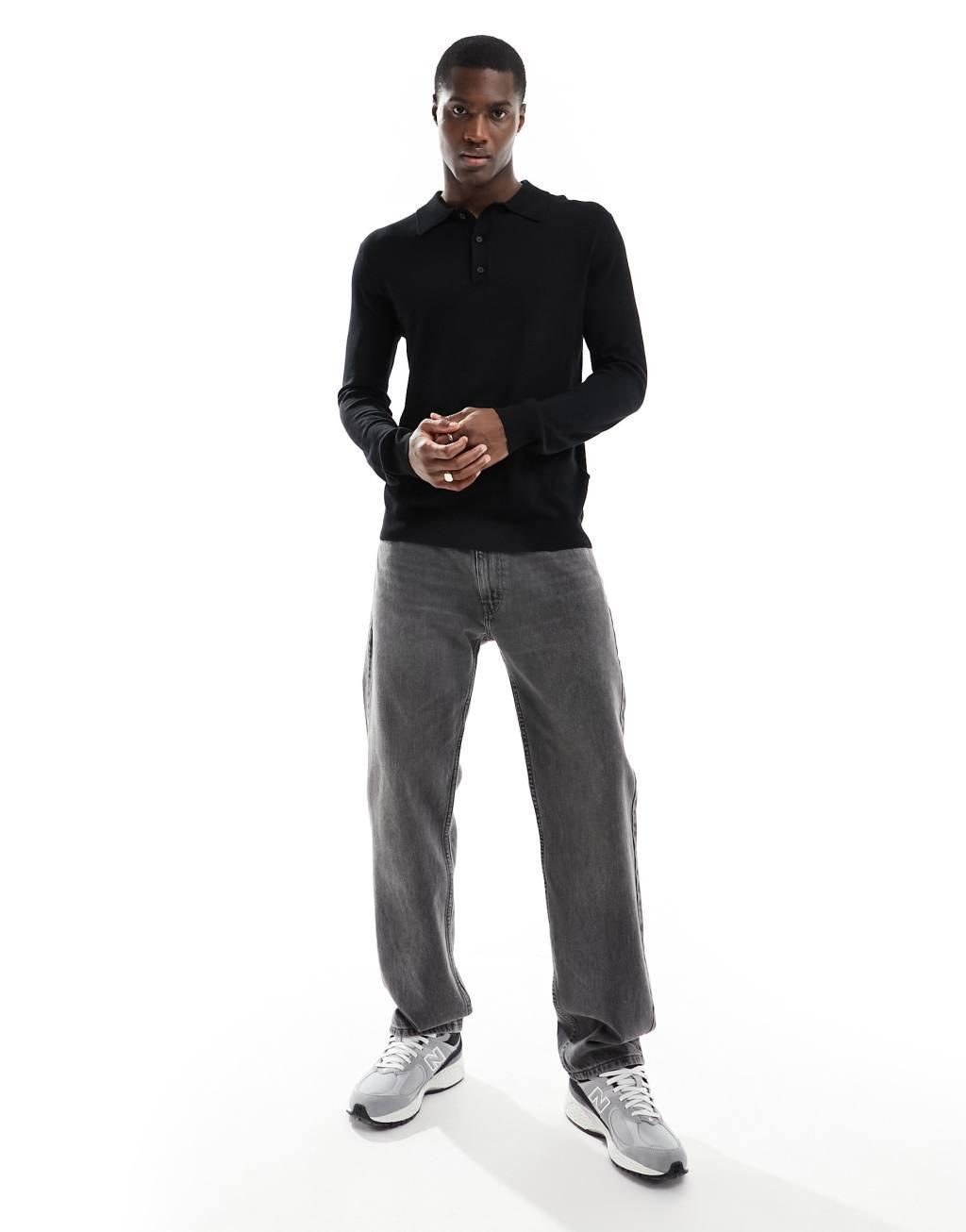 Only & Sons knit long sleeve polo in black Product Image