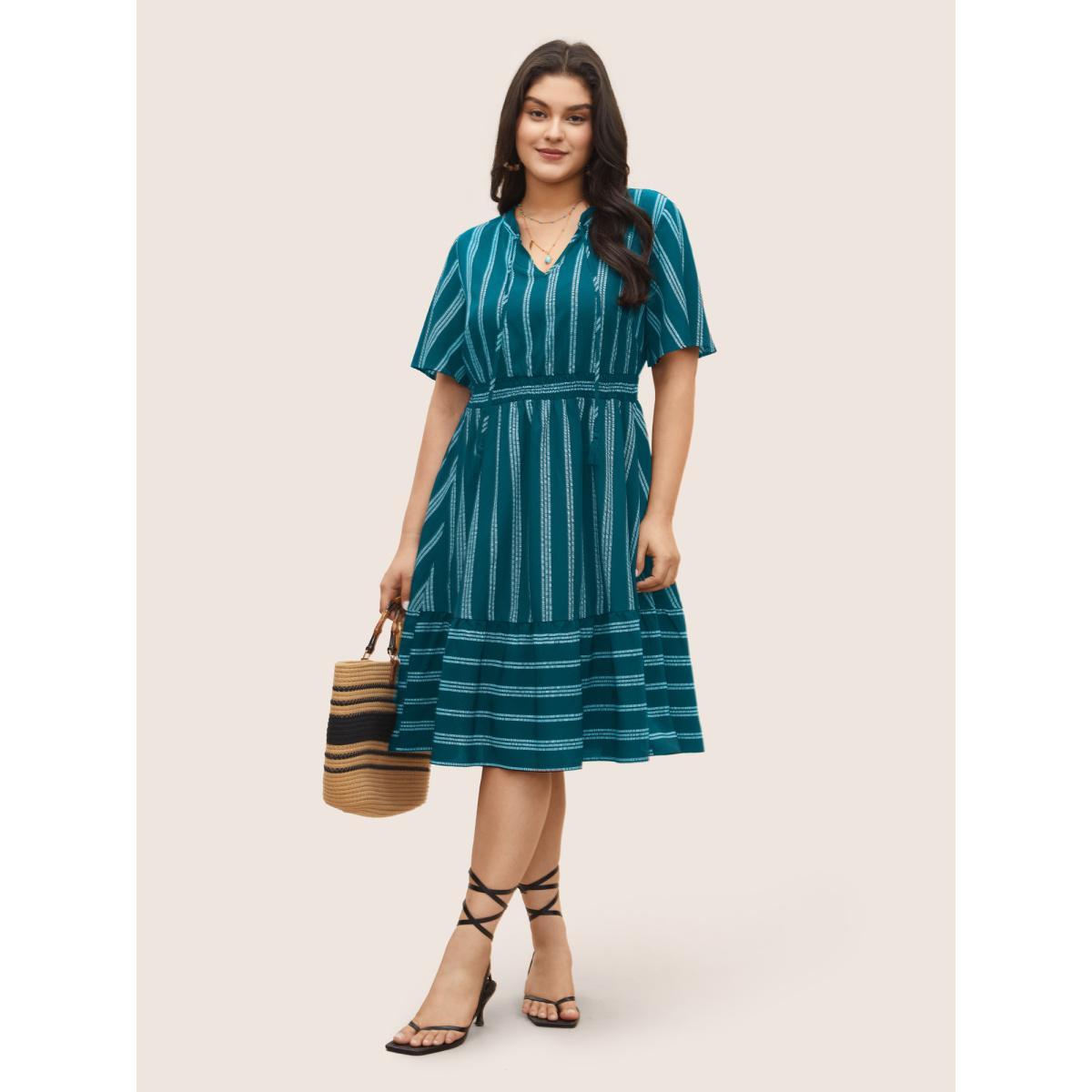 Plus Size Striped Patchwork Tassels Ties Shirred Dress Cerulean Women Resort Non V-neck Short sleeve Curvy Midi Dress BloomChic 18-20/2X Product Image