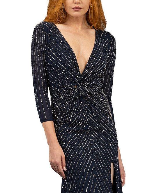 Terani Couture V Neck 3/4 Sleeve Sequin Chiffon Column Gown Product Image