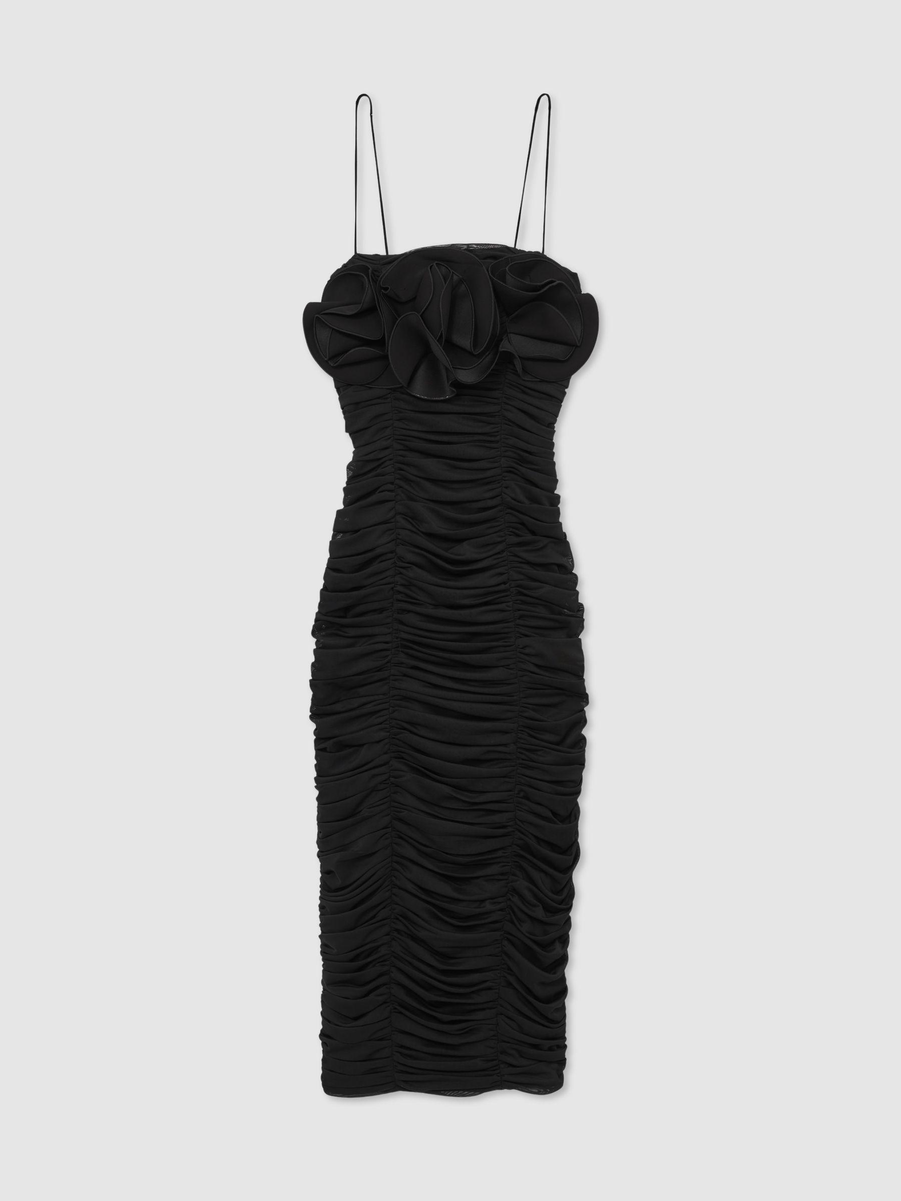 Acler Gathered Midi Black Dress with Rosettes in Black Product Image