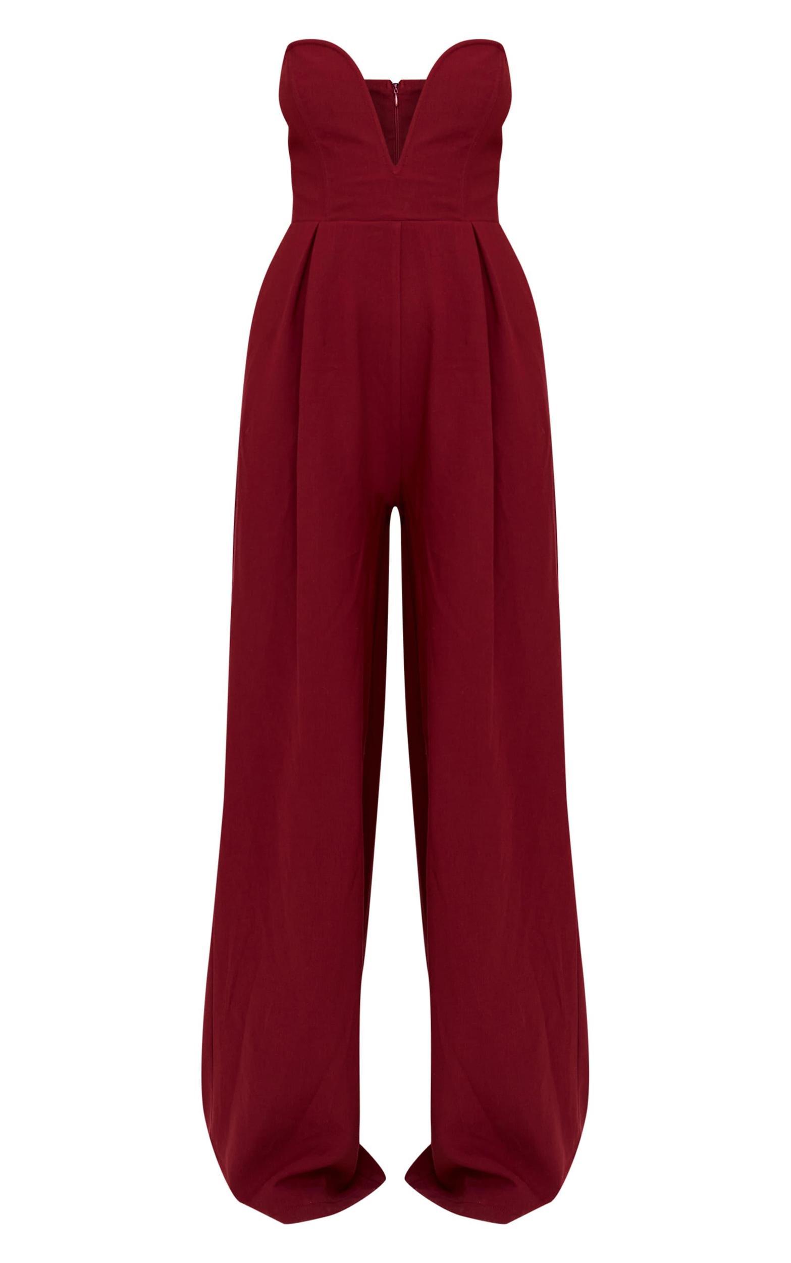 PLT Label Burgundy Plunge Wide Leg Jumpsuit Product Image