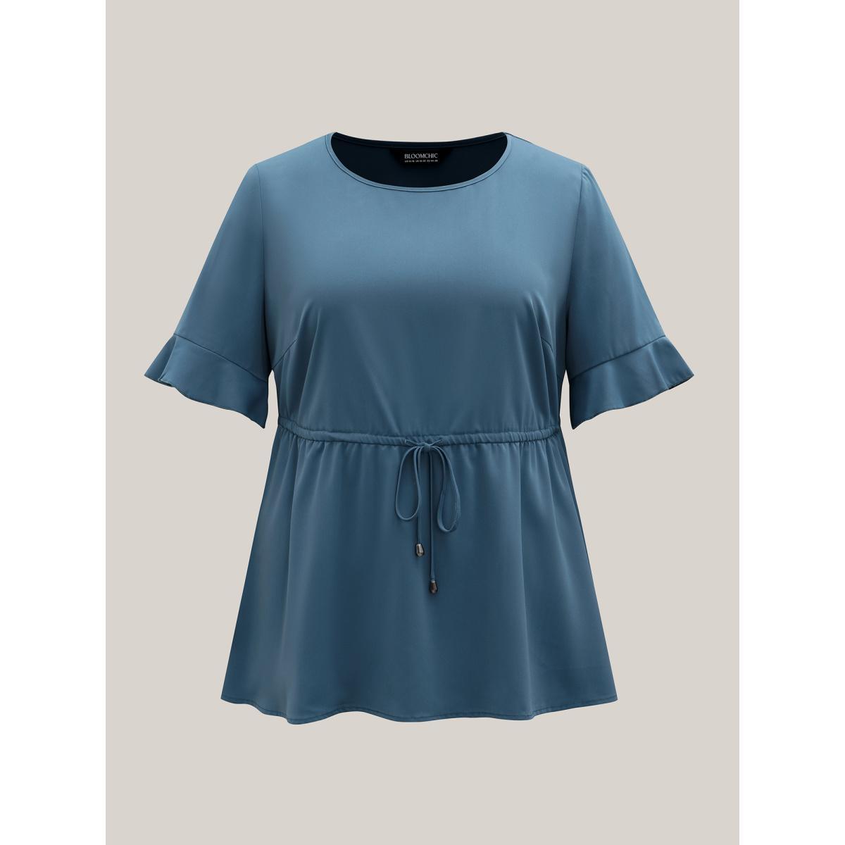 Plus Size Cerulean Ruffled Edge Sleeve Waist-Tie Shirt Women Casual Half Sleeve Round Neck Everyday Blouses BloomChic 14-16/1X Product Image