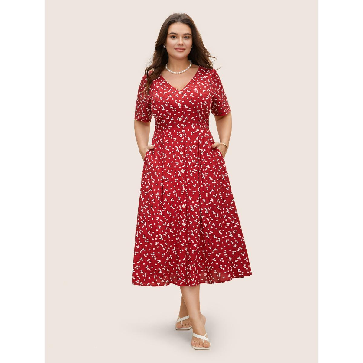 Plus Size Ditsy Floral Button Detail Elastic Waist Midi Dress Crimson Women Elegant Gathered V-neck Short sleeve Curvy BloomChic 26/4X Product Image