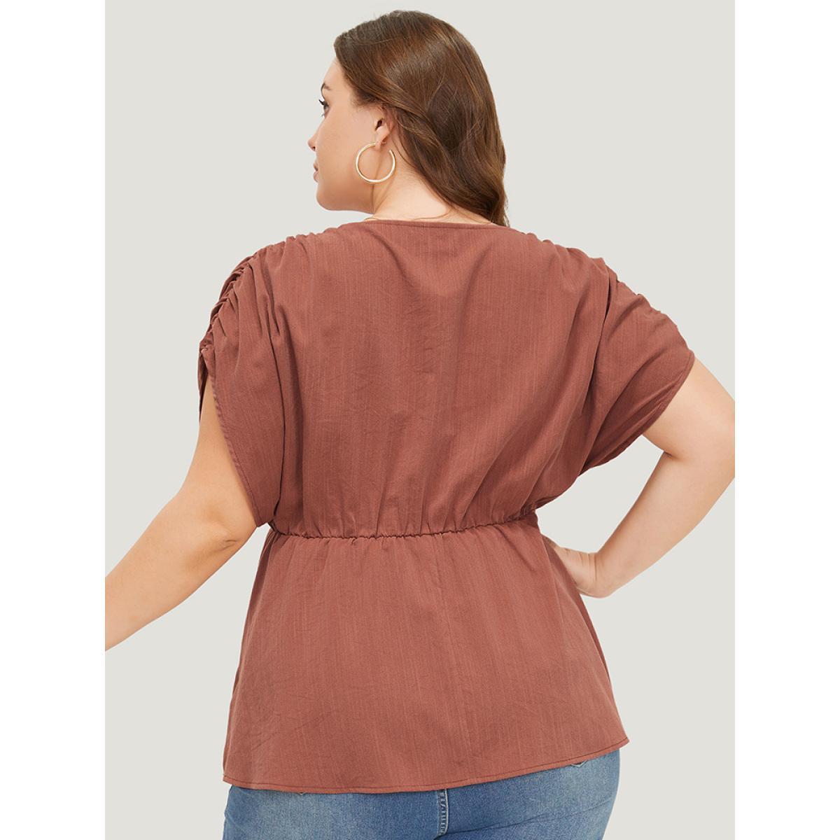 Plus Size Rust Plain Ruched Shoulder Wrap Blouse Women Elegant Short sleeve V-neck Dailywear Blouses BloomChic 14-16/1X Product Image