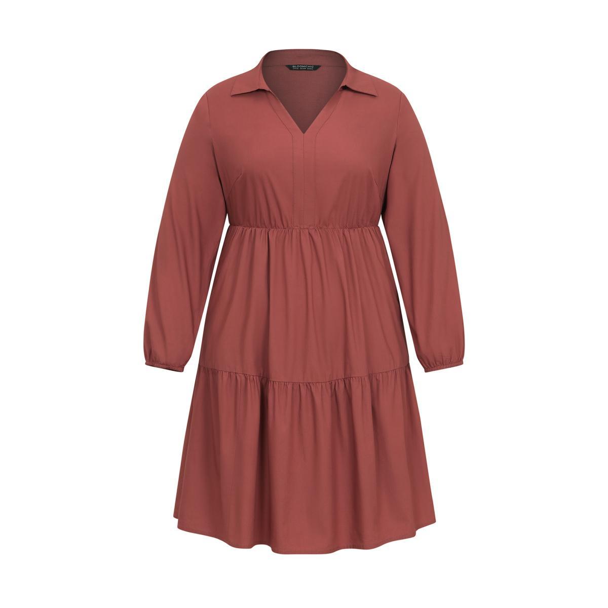 Plus Size Lapel Collar Gathered Pocket Lantern Sleeve Dress Russet Women Casual Gathered Lapel Collar Long Sleeve Curvy Knee Dress BloomChic 28/5X Product Image
