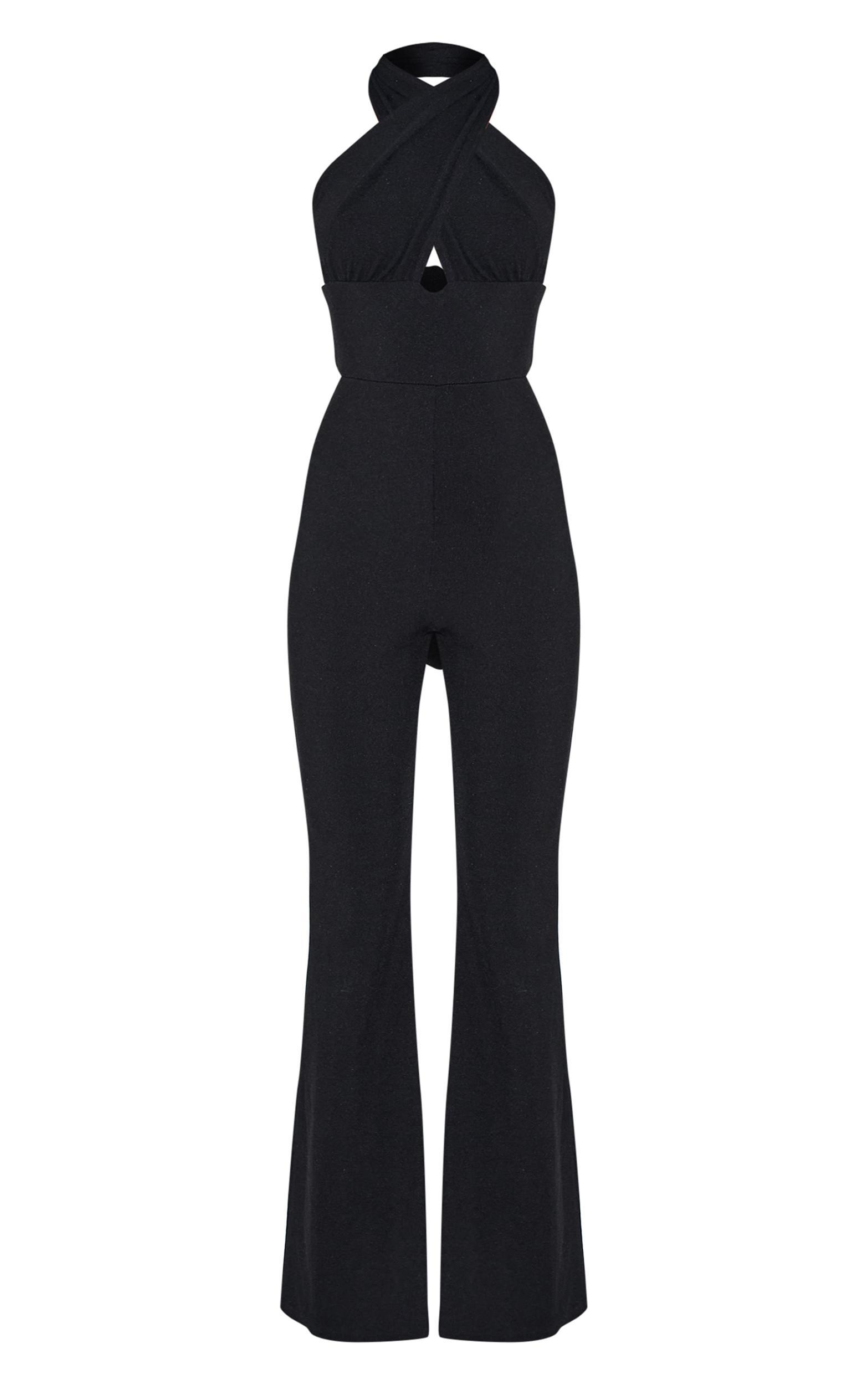 Black Cross Neck Tie Back Rib Jumpsuit Product Image