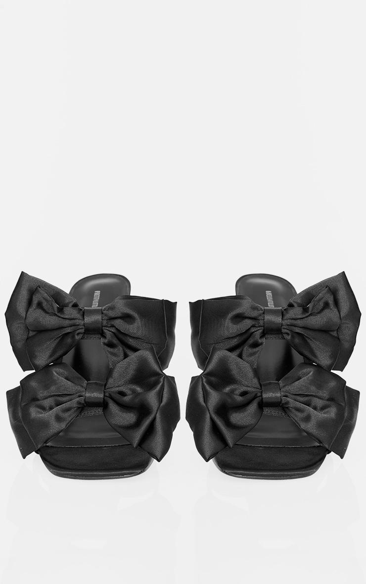 Black Satin Square Toe Bow Strap High Stiletto Heeled Mules Product Image