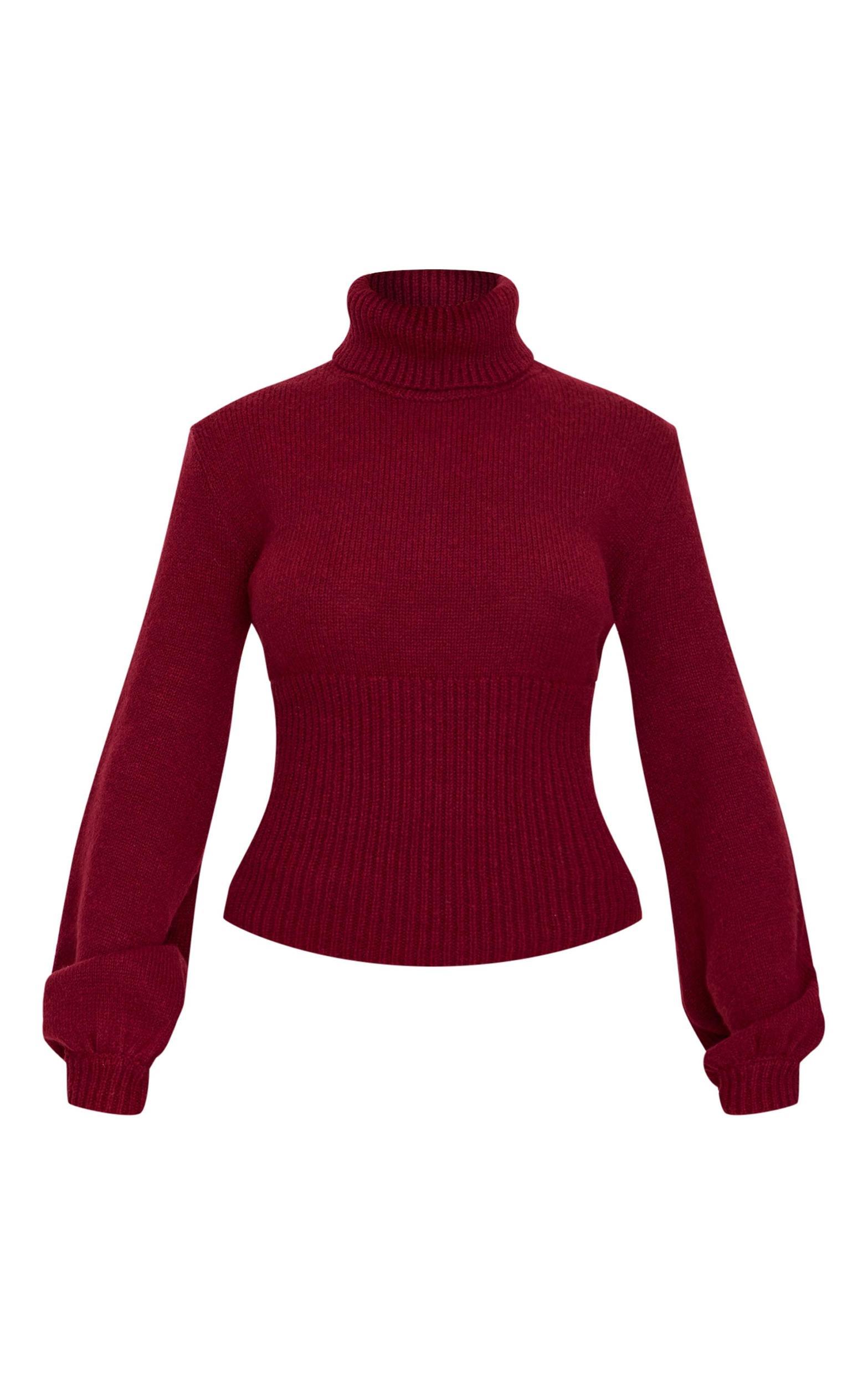 Burgundy Roll Neck Contrast Panel Knitted Sweater Product Image