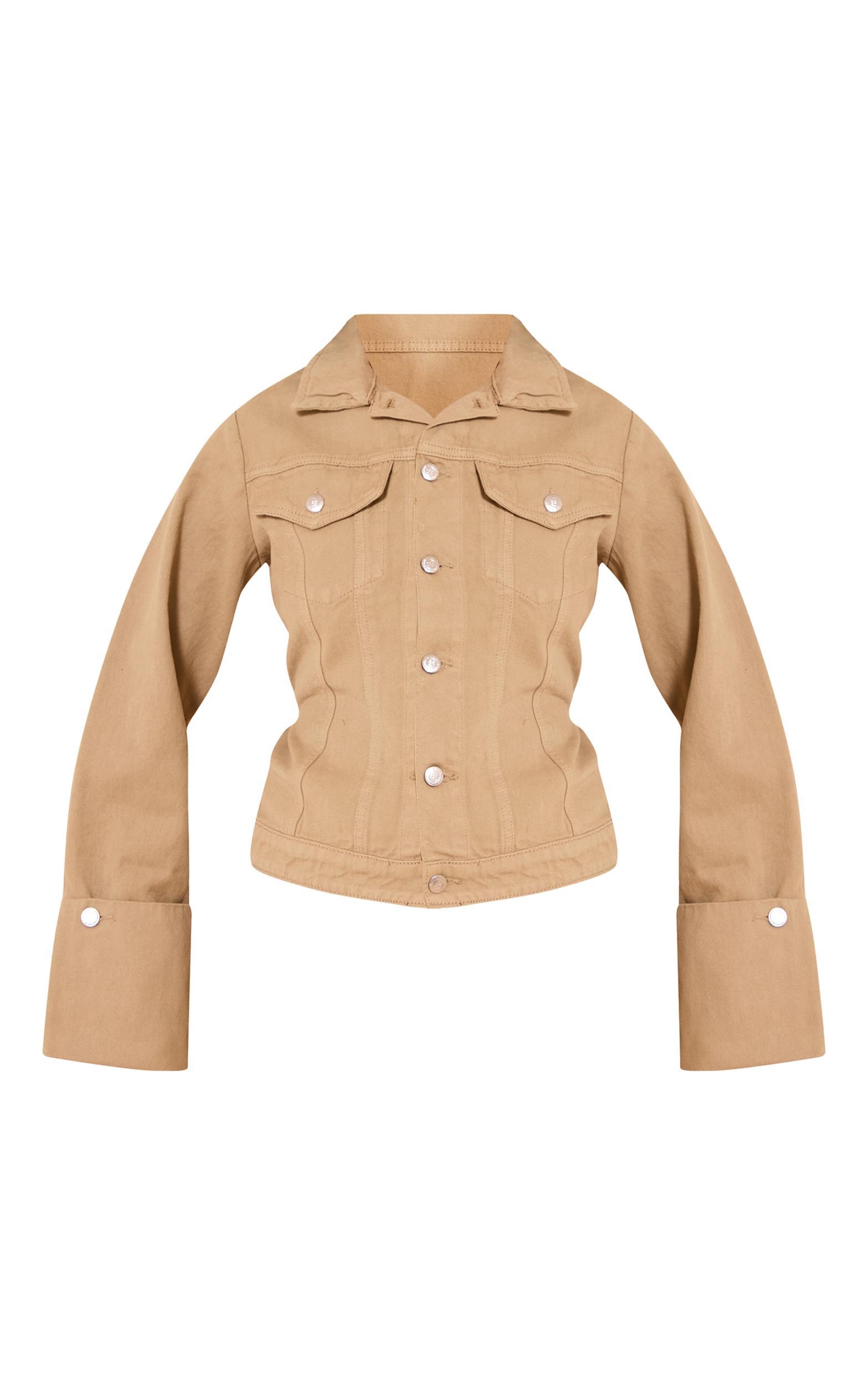  Washed Khaki Turn Up Cuff Cinched Back Denim Jacket Product Image