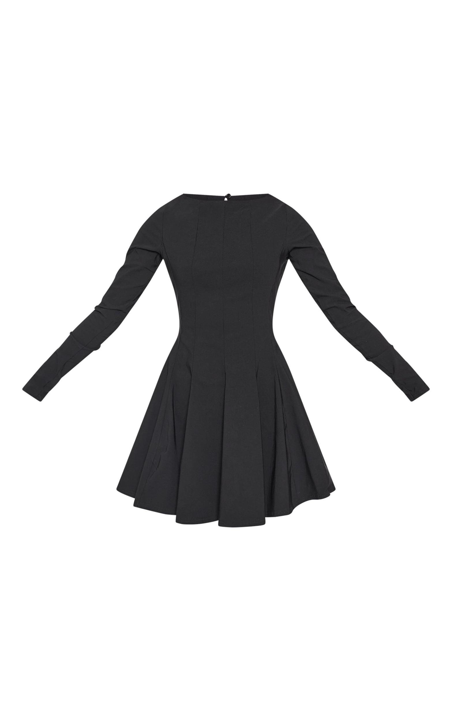 Black Stretch Woven Boat Neck Long Sleeve Pleated Shift Dress Product Image