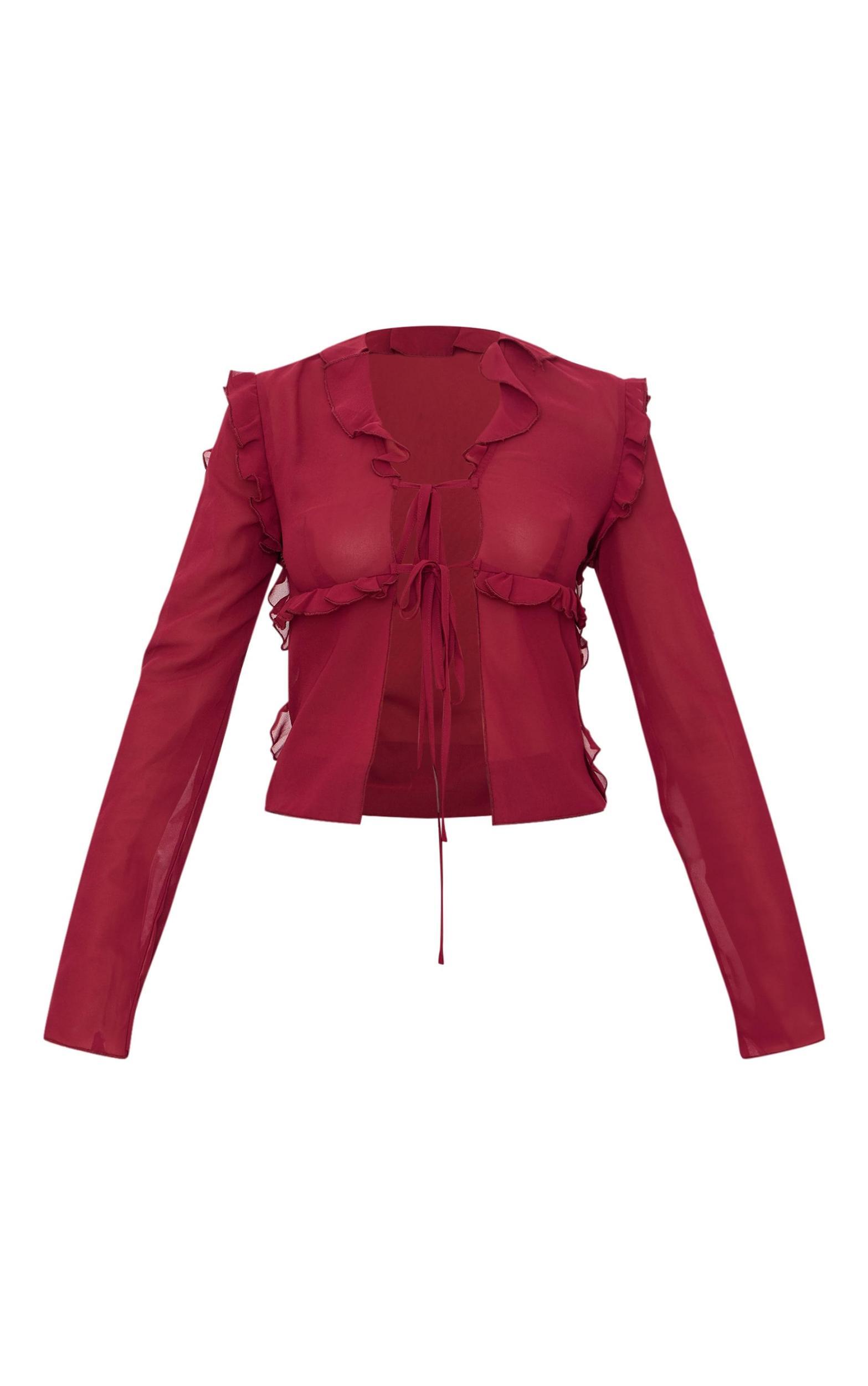 Burgundy Chiffon Ruffle Fitted Tie Front Blouse Product Image