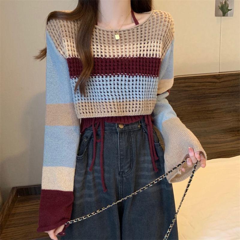Round Neck Striped Crochet Crop Sweater Product Image