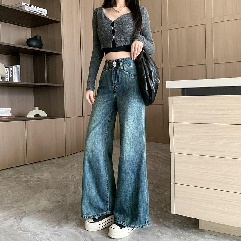 High Waist Washed Wide Leg Jeans (Various Designs) Product Image
