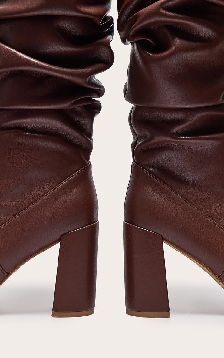 Brown PU Round Toe Ruched Over The Knee Block Heeled Boots Product Image