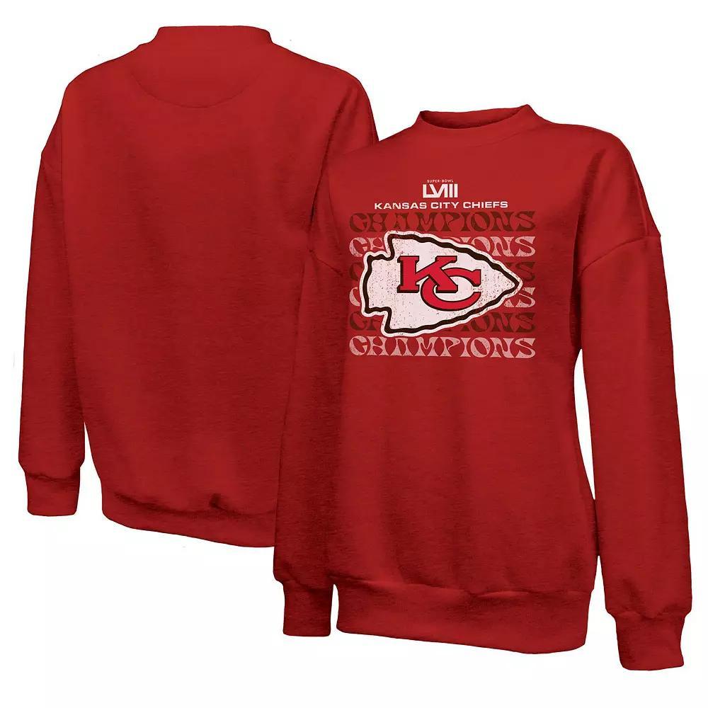 Women's Majestic Threads  Red Kansas City Chiefs Super Bowl LVIII Champions Retro Repeat Pullover Sweatshirt, Size: 2XL Product Image