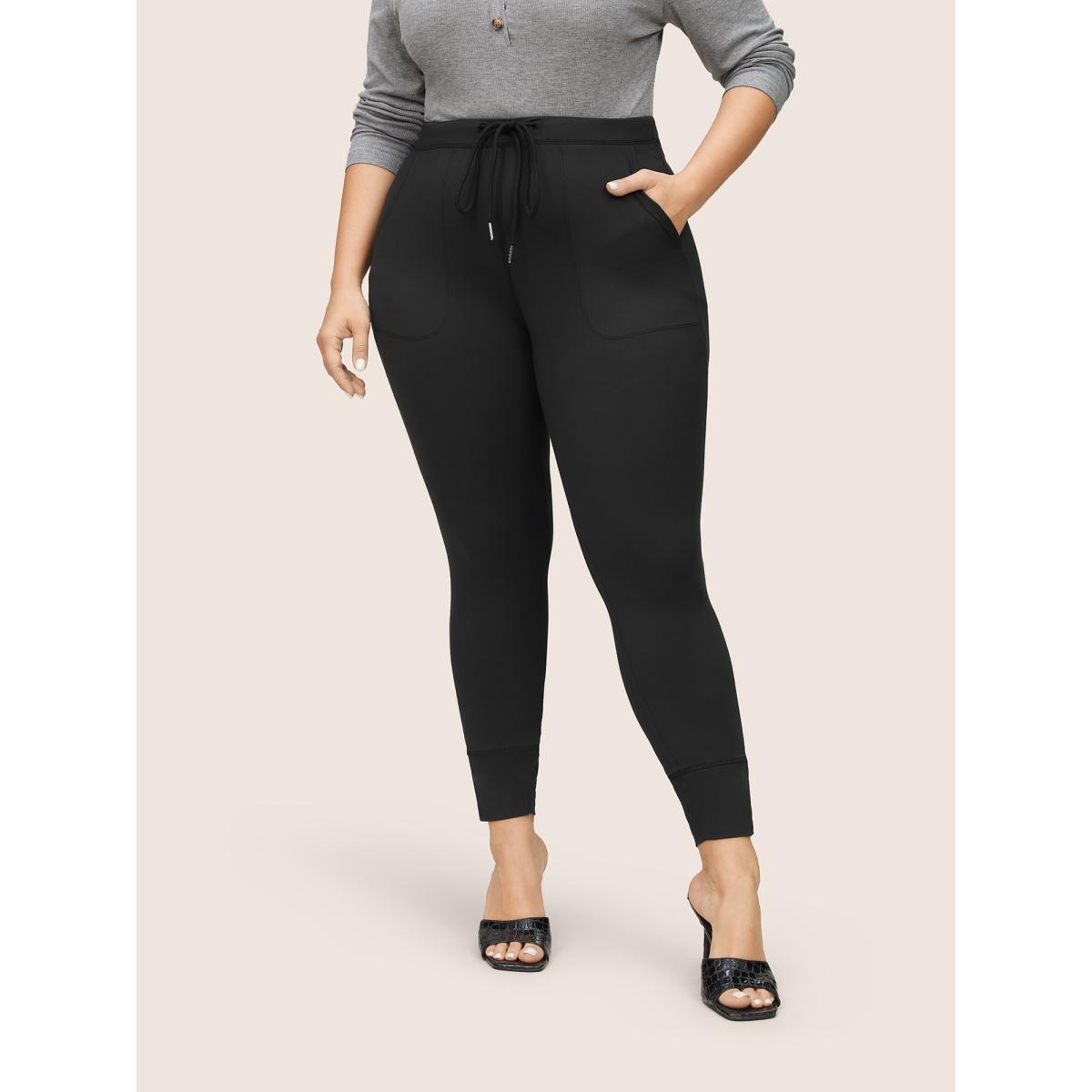 Plus Size Solid Drawstring Elastic Waist Skinny Leggings Women Black Casual High stretch Skinny High Rise Everyday Leggings BloomChic 18-20/2X Product Image