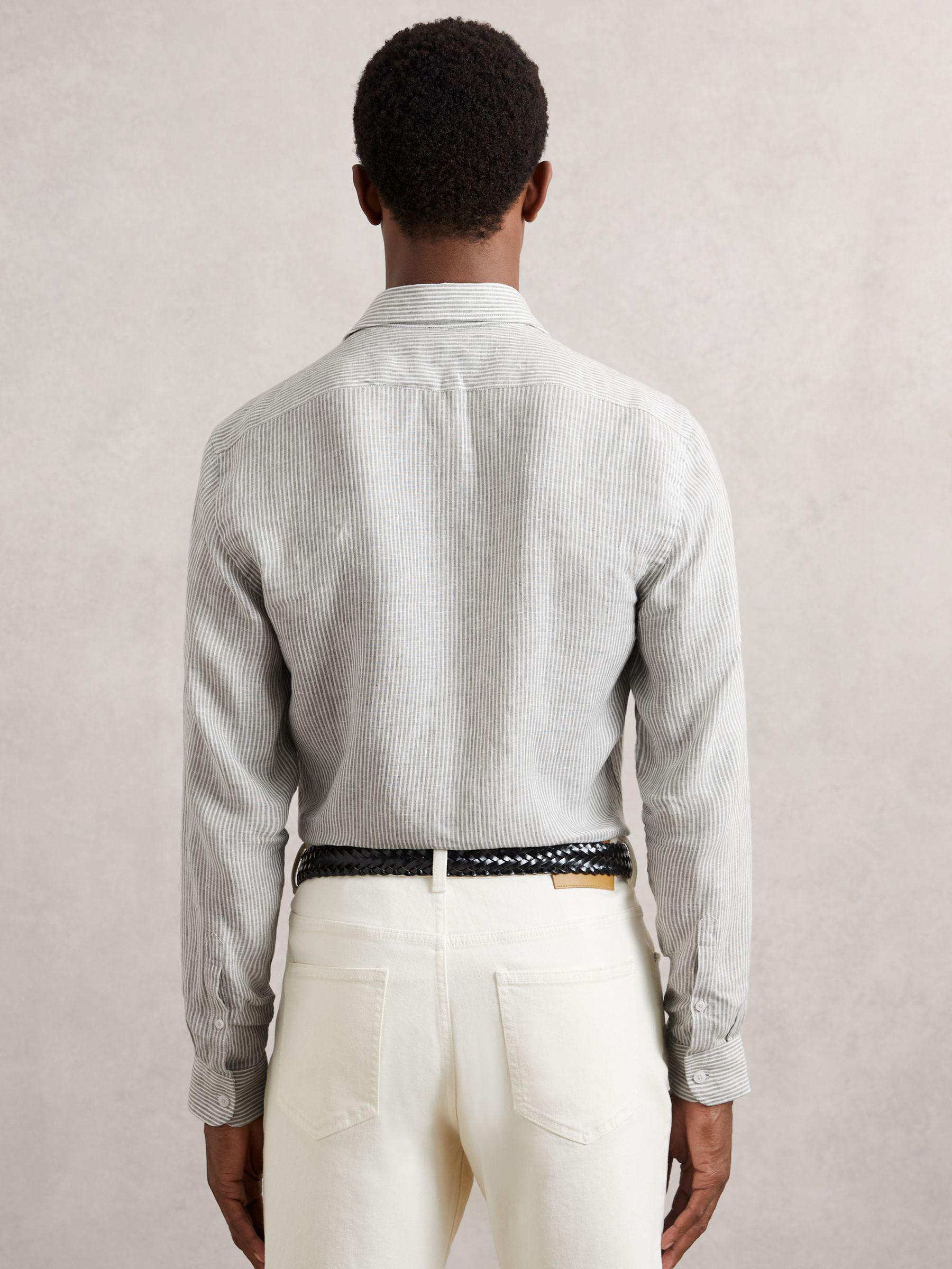 Linen Striped Cutaway-Collar Shirt in White/Thyme Green Product Image