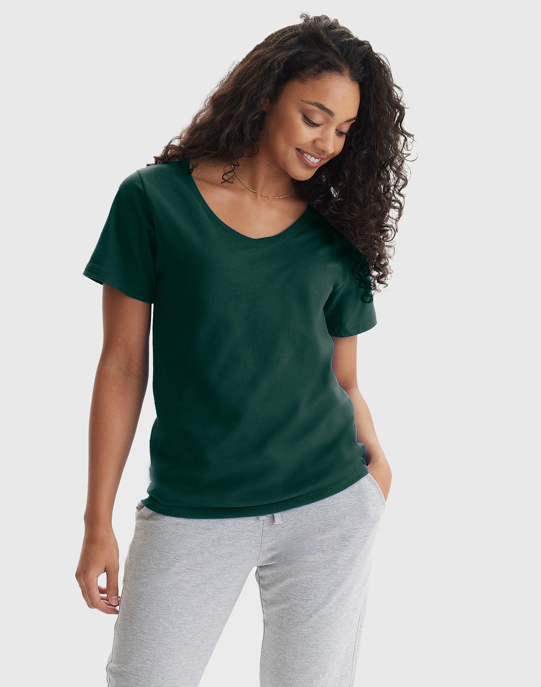 Hanes Perfect-T Womens V-Neck Cotton T-Shirt Light Blue XL Product Image