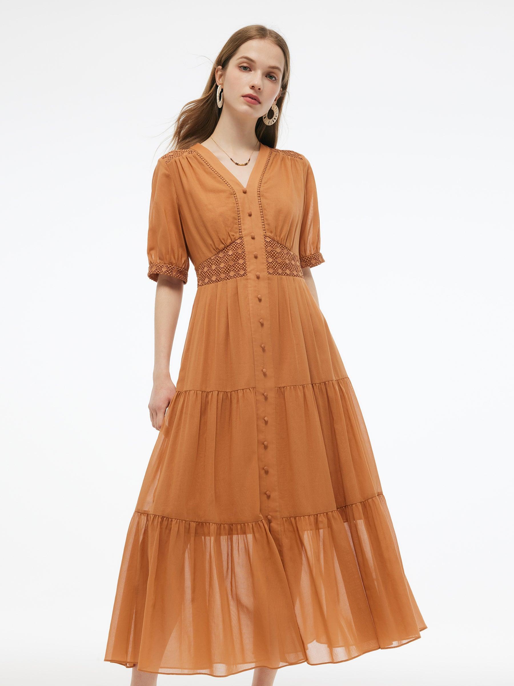 100% Cotton Patchwork Lace Embroidered Women Maxi Dress Product Image